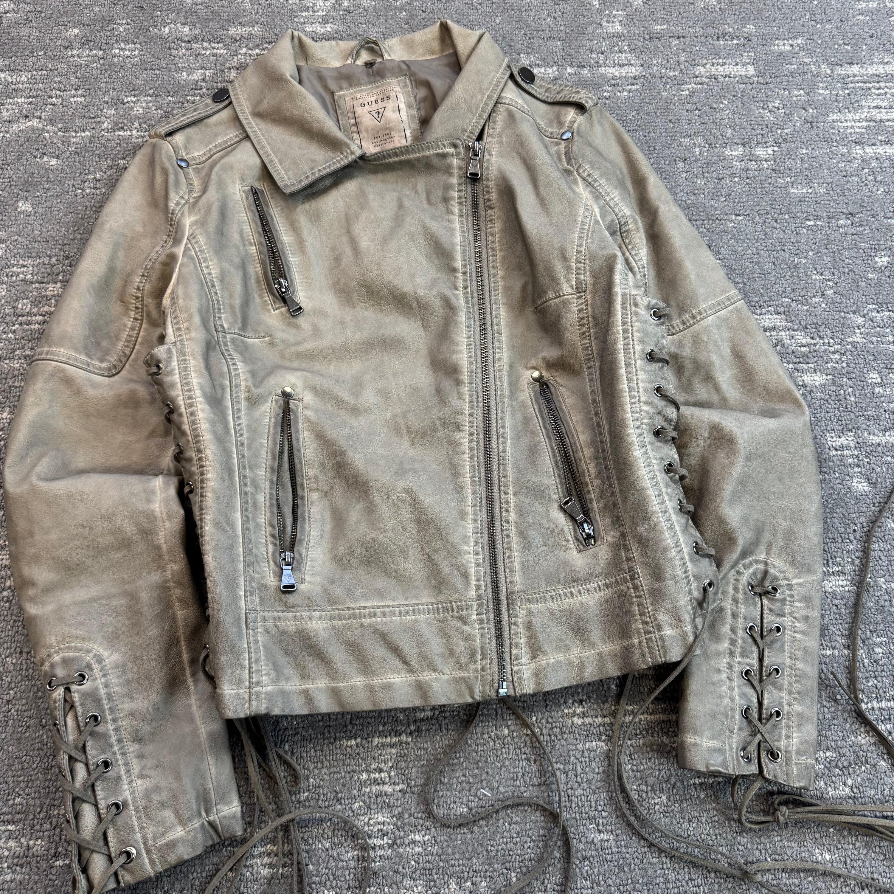 Guess 2000's leather lace up asymmetrical zip biker jacket (M) wms