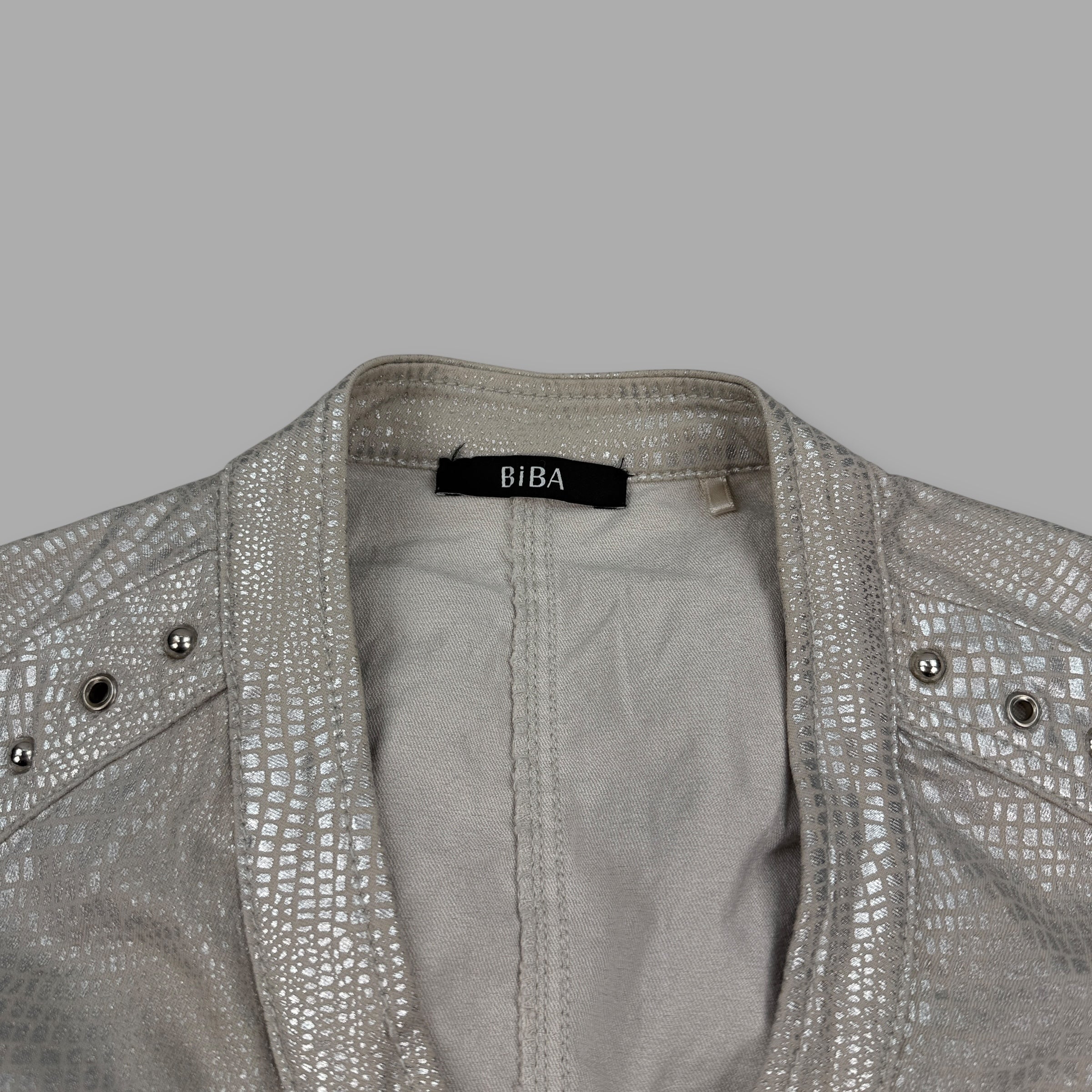 Biba 2000's silver studded bomber jacket with faux crocodile skin pattern and pockets (S) wms