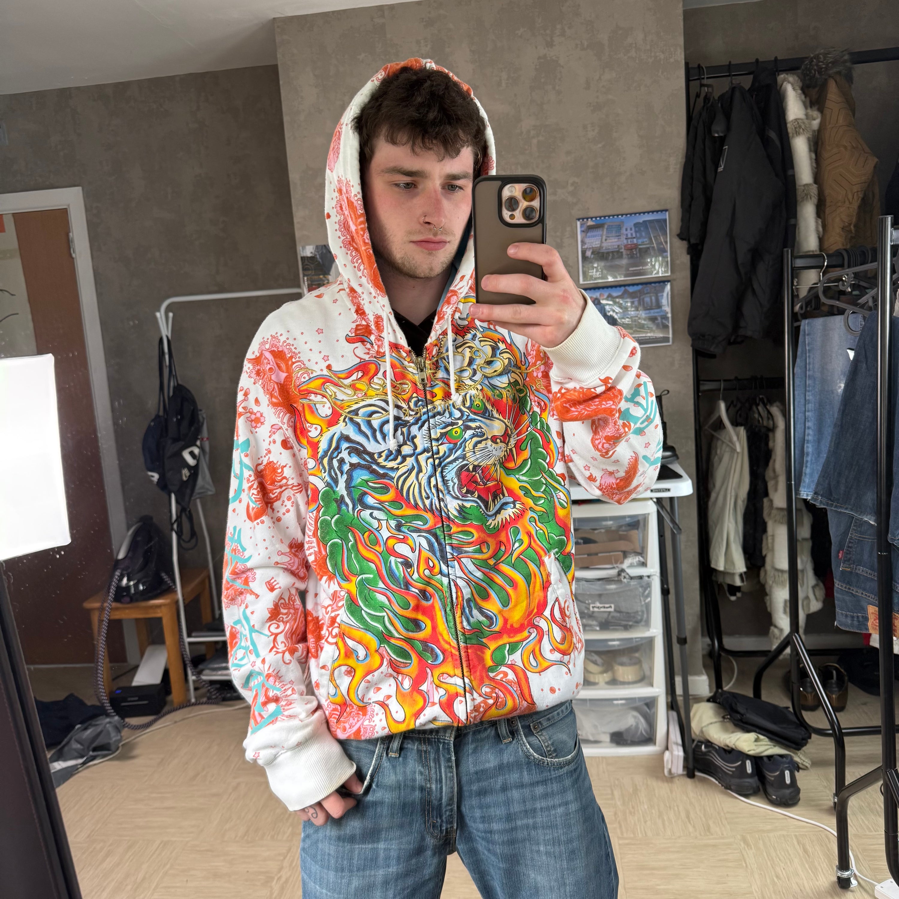 Ed hardy x Christian audigier 2000's graphic zip up hoodie (L)
