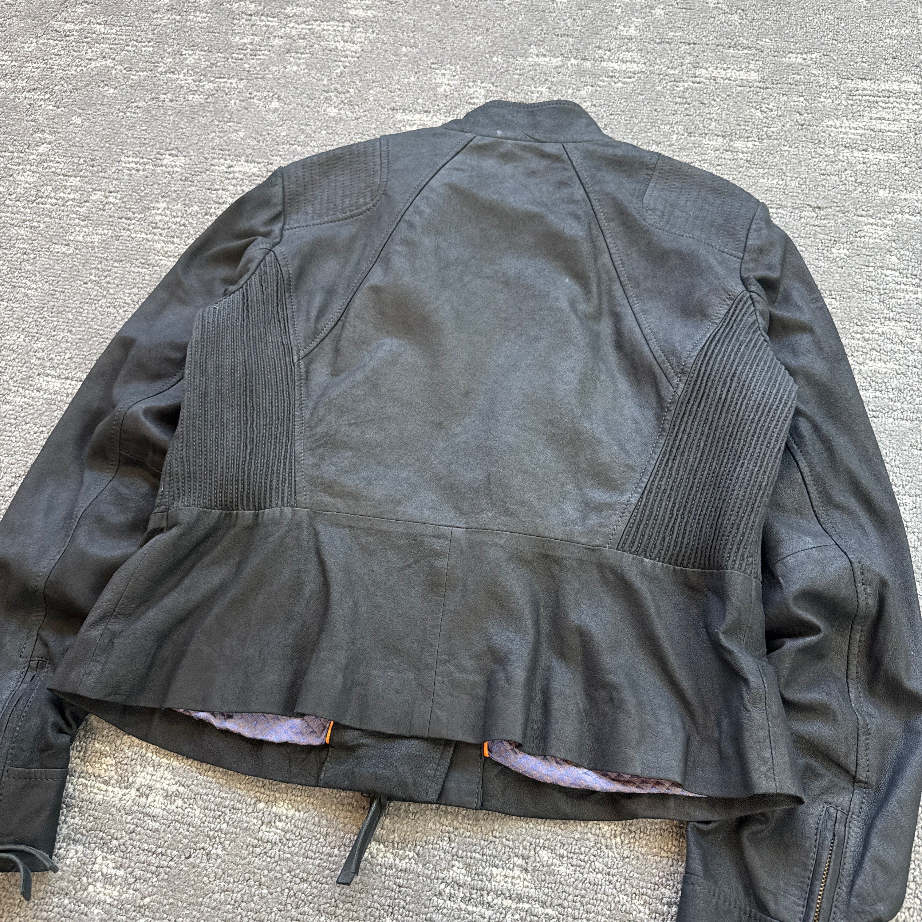 Hugo boss 2000's technical asymmetrical zip fitted goat leather biker jacket (S)
