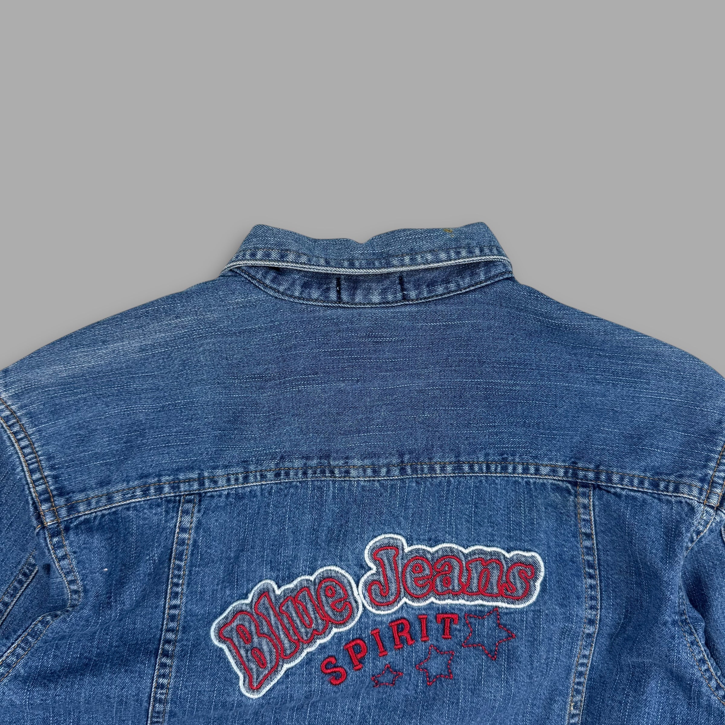 Cerisi Vintage 1980's blue jeans spirit denim shirt jacket with embroidered detailing on the back (S) wms