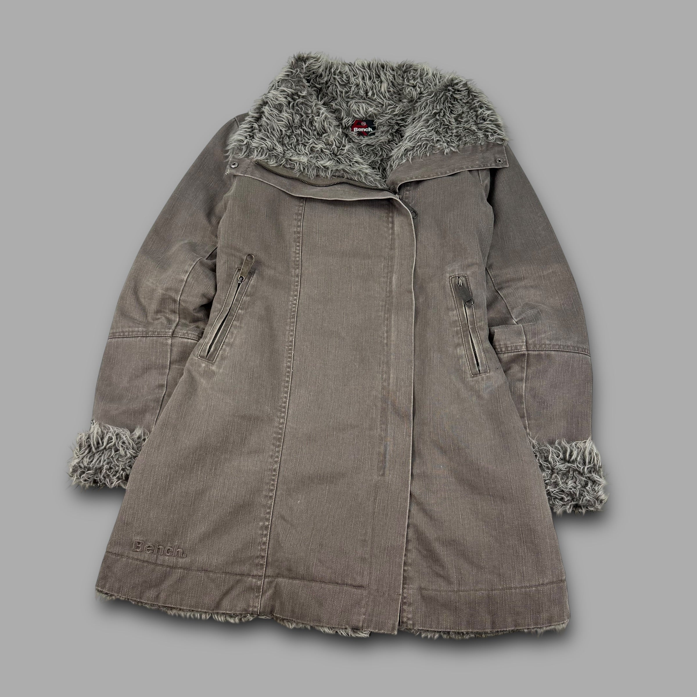Bench 2000's funnel neck asymmetrical zip fleece lined long jacket (S)