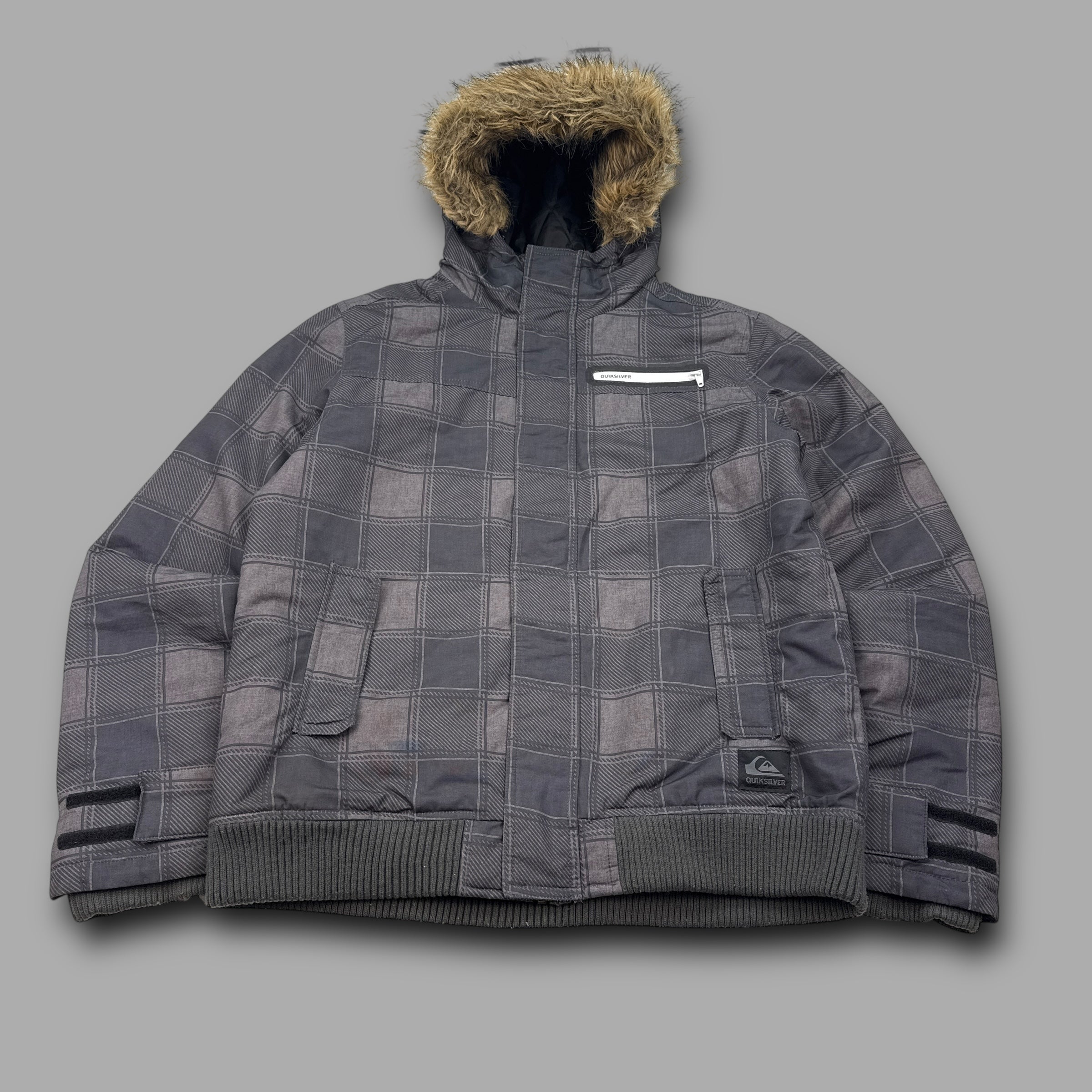 Quiksilver 2000's technical plaid fur hood bomber style jacket (S)