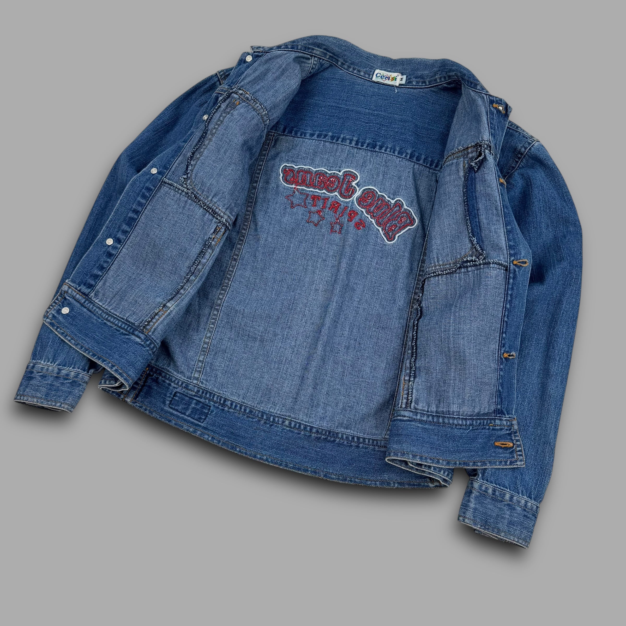 Cerisi Vintage 1980's blue jeans spirit denim shirt jacket with embroidered detailing on the back (S) wms