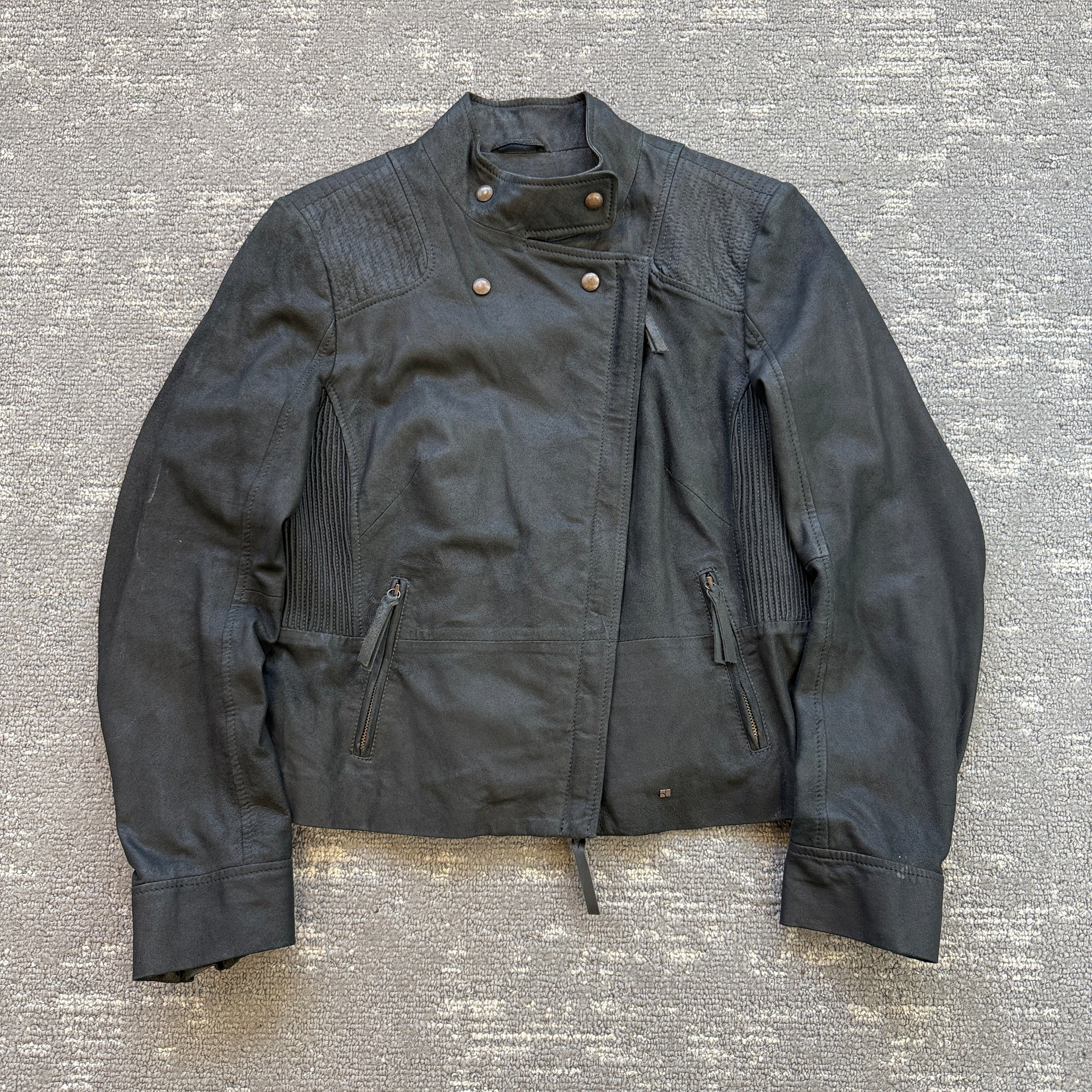Hugo boss 2000's technical asymmetrical zip fitted goat leather biker jacket (S)
