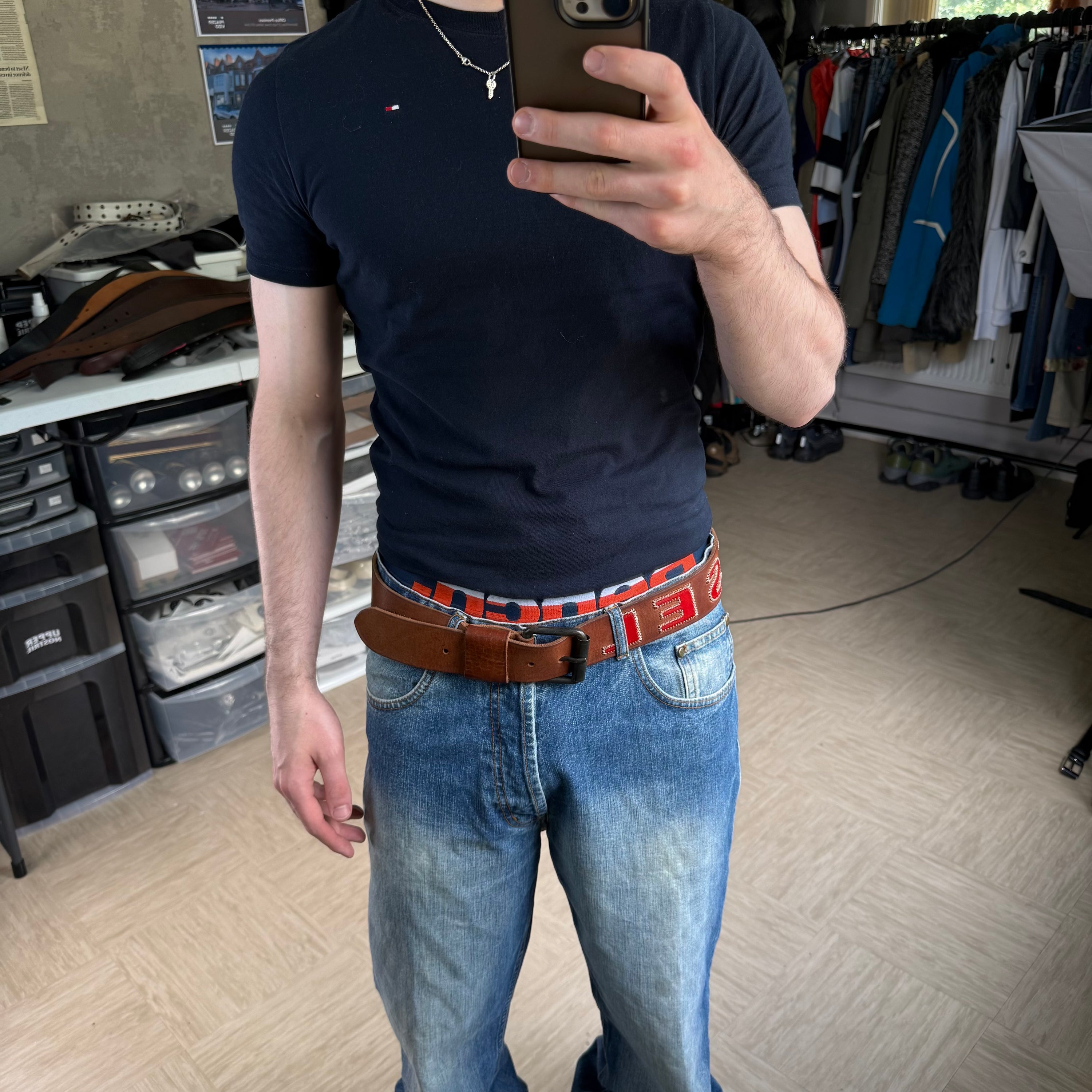 Diesel 2000's brown leather embroidered spellout belt (OS)