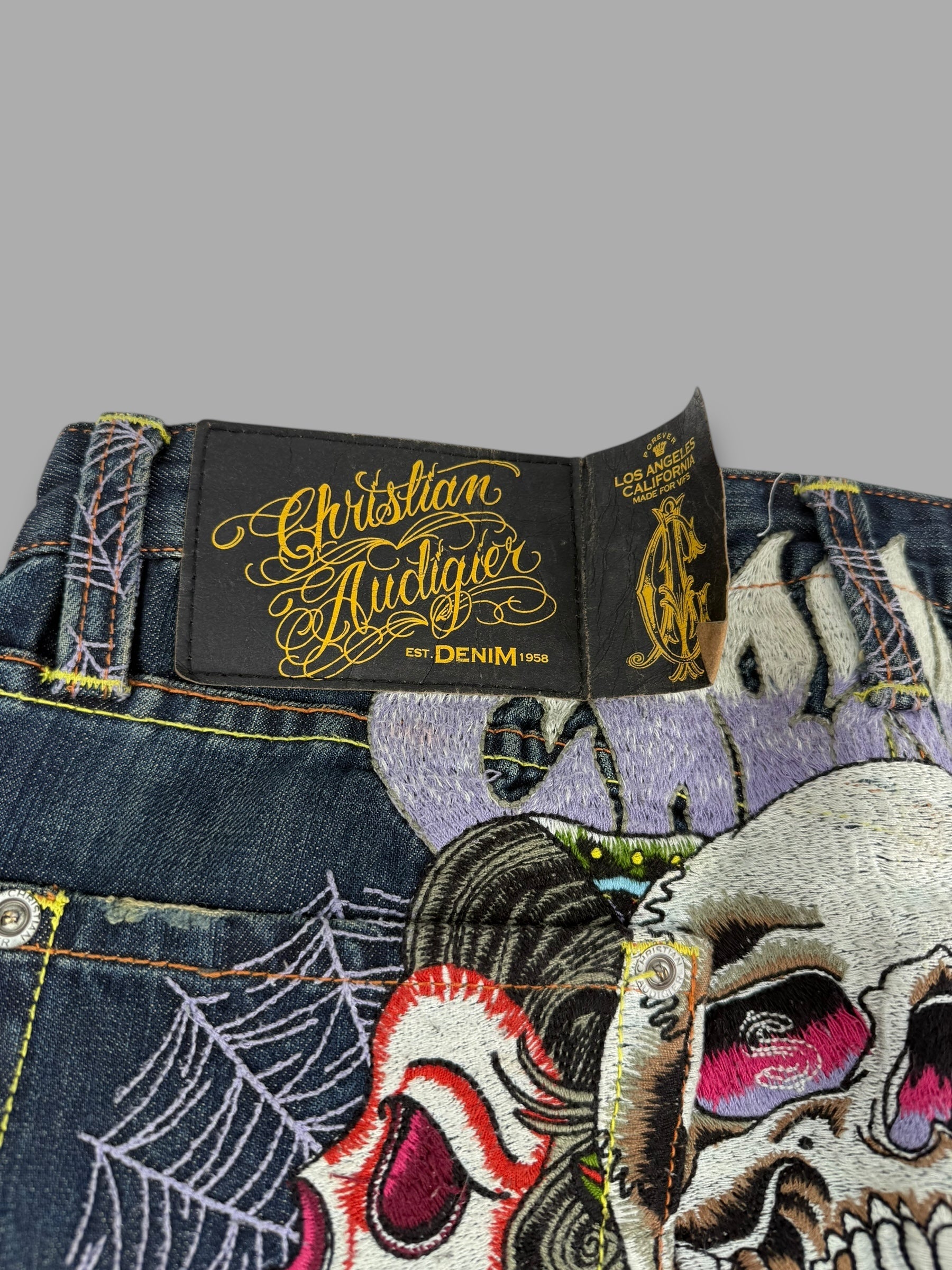 Christian Audegier 2000's graphic embroidered denim straight leg jeans (L)