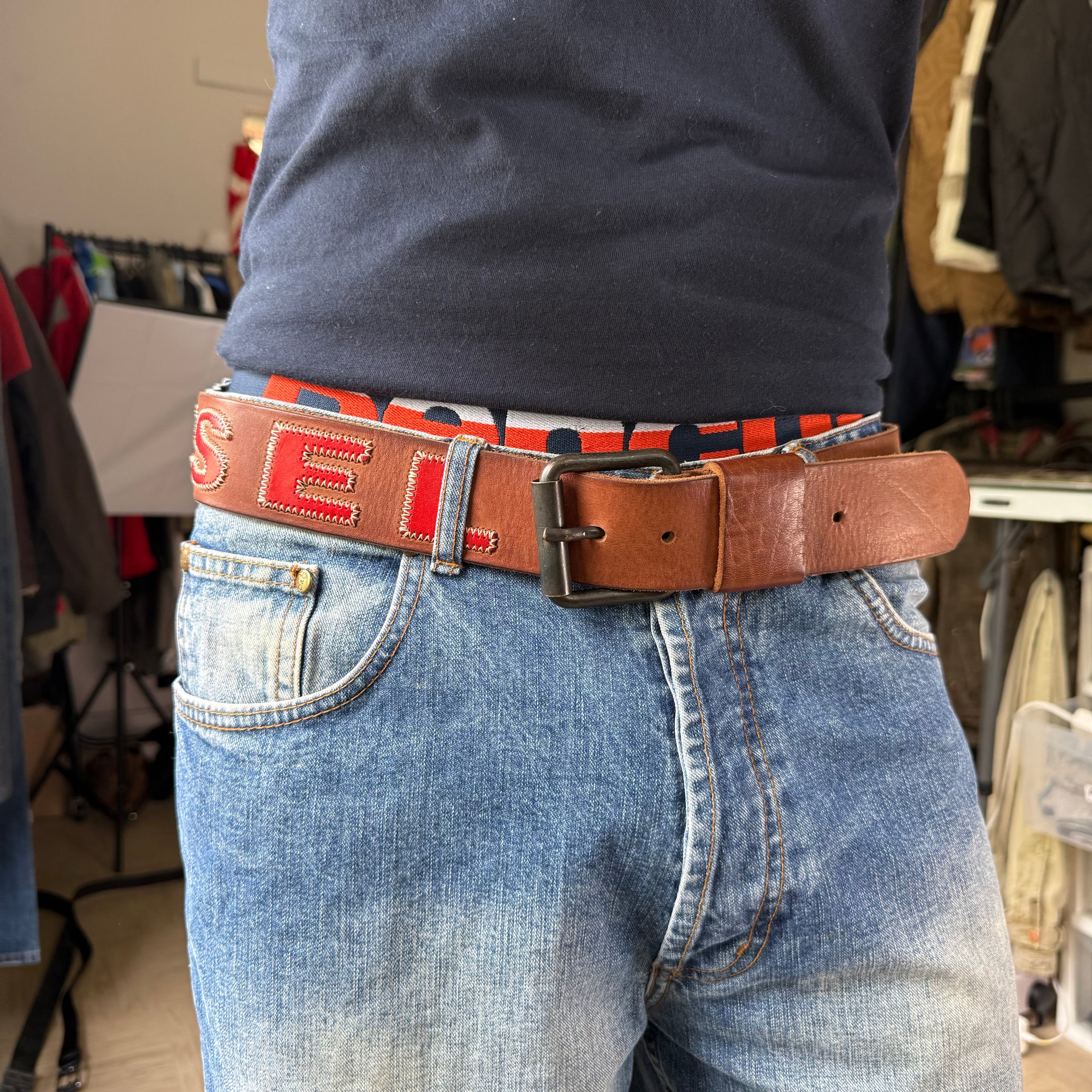 Diesel 2000's brown leather embroidered spellout belt (OS)