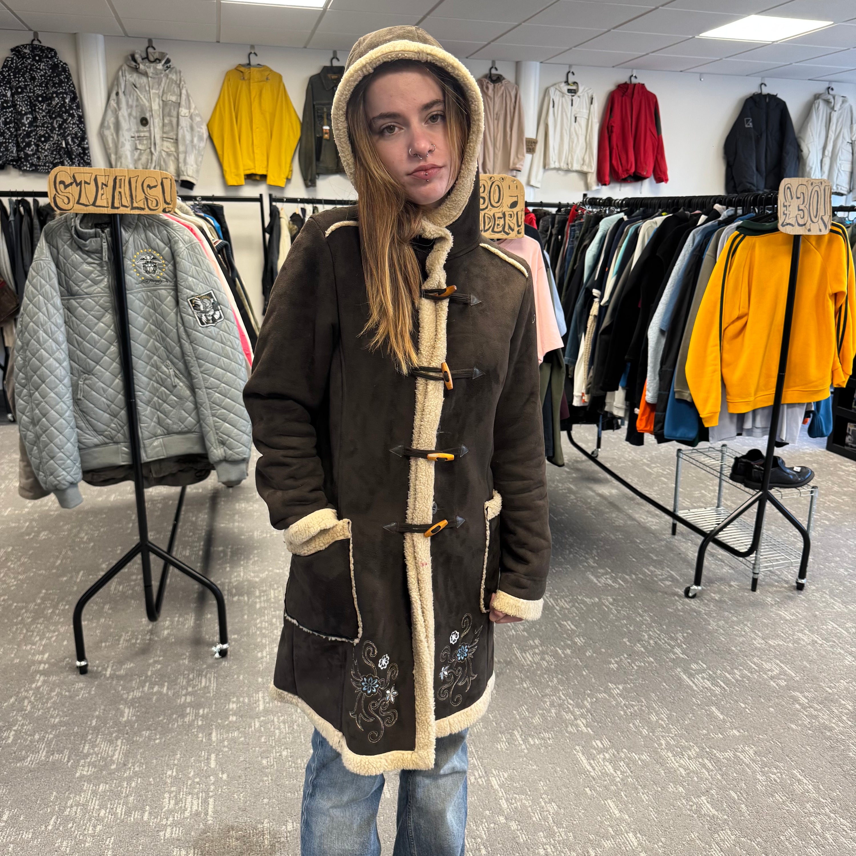 O'Neill 2000's suede, fleece-lined, hooded duffle coat with embroidery near the pockets (S) wms