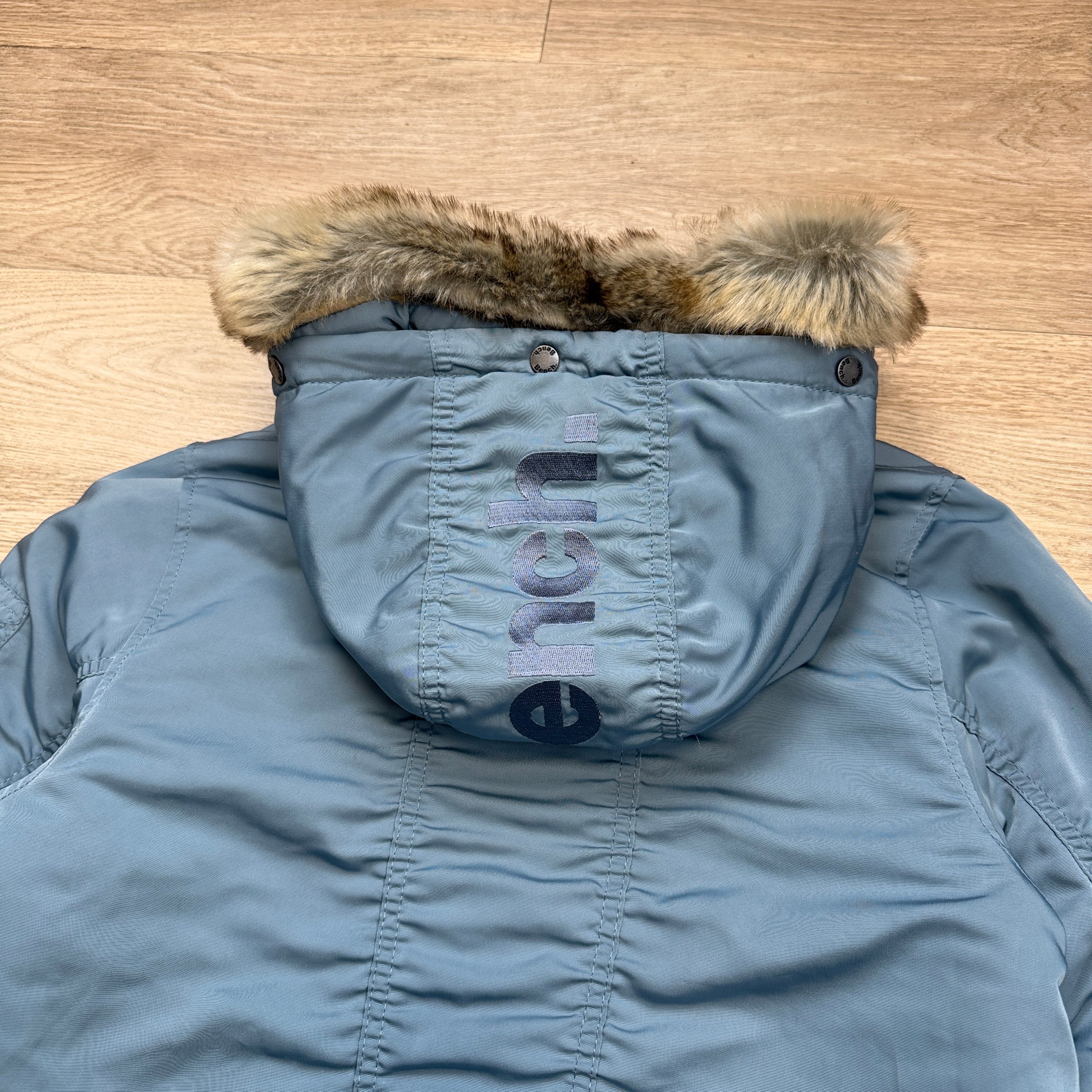 Bench 2000's asymmetrical zip fur hooded bomber jacket (L) wms