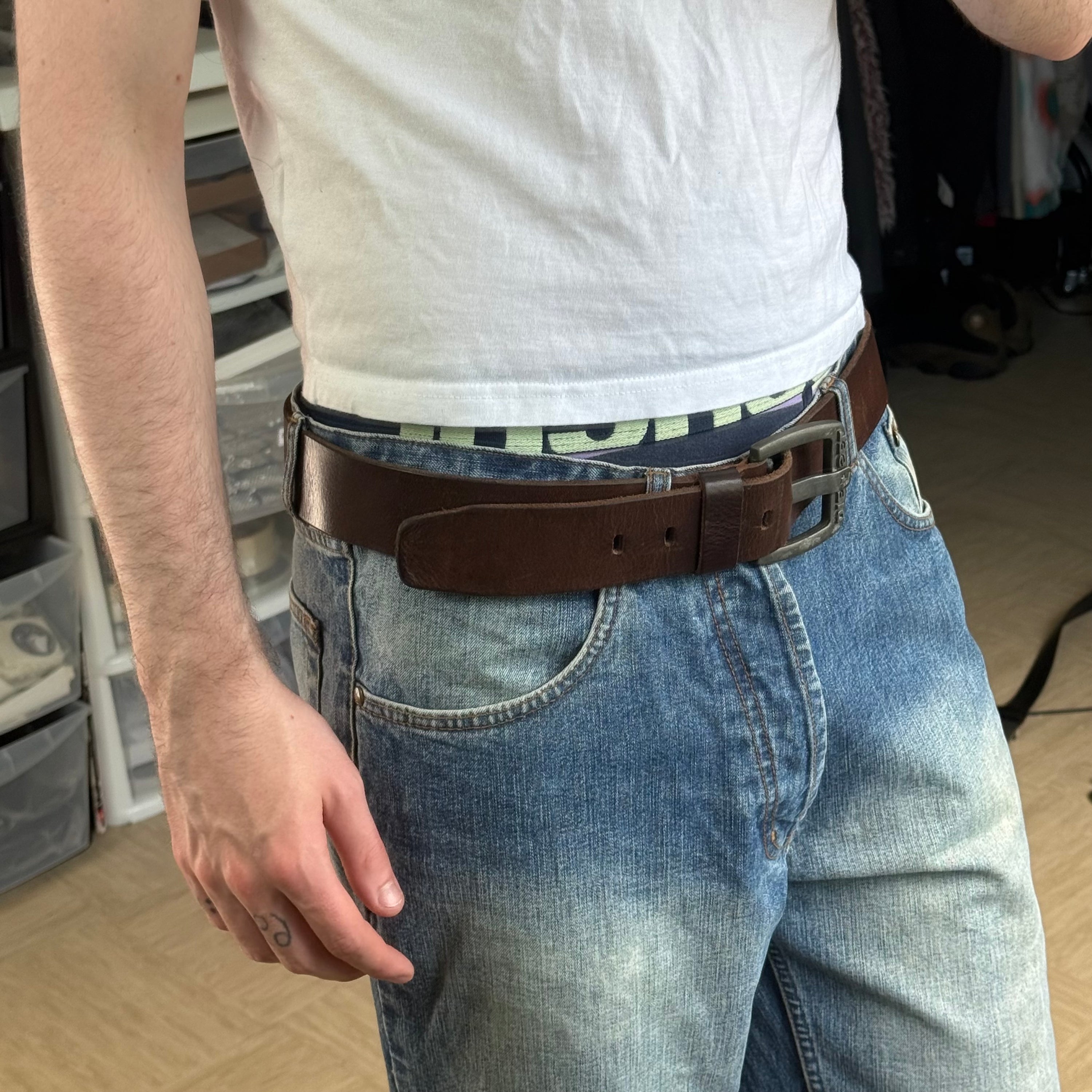 Diesel 2000's big spellout buckle wide leather belt (OS)