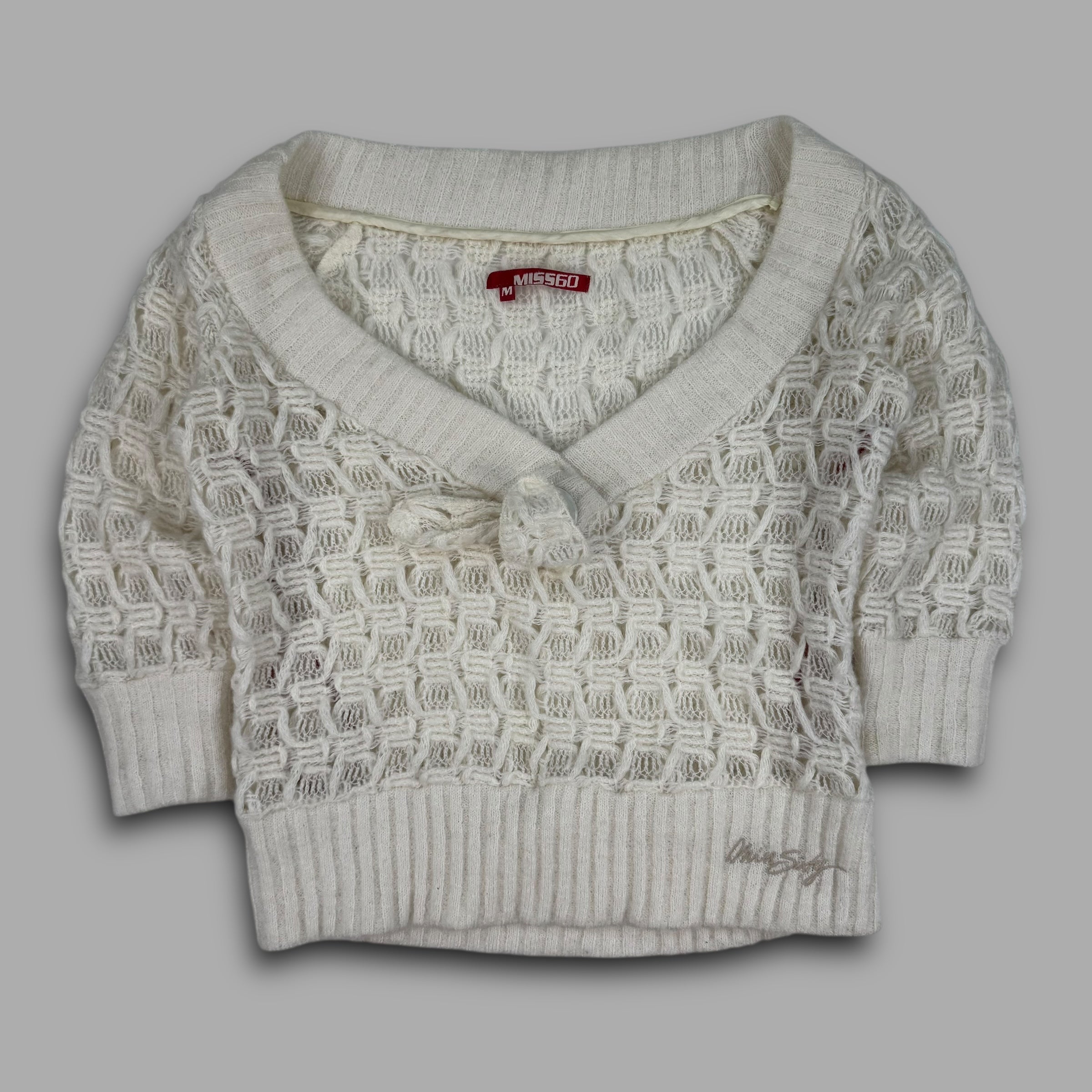 Miss Sixty 2000's knitted v neck sweater with bow detail and cropped sleeves (M) wms