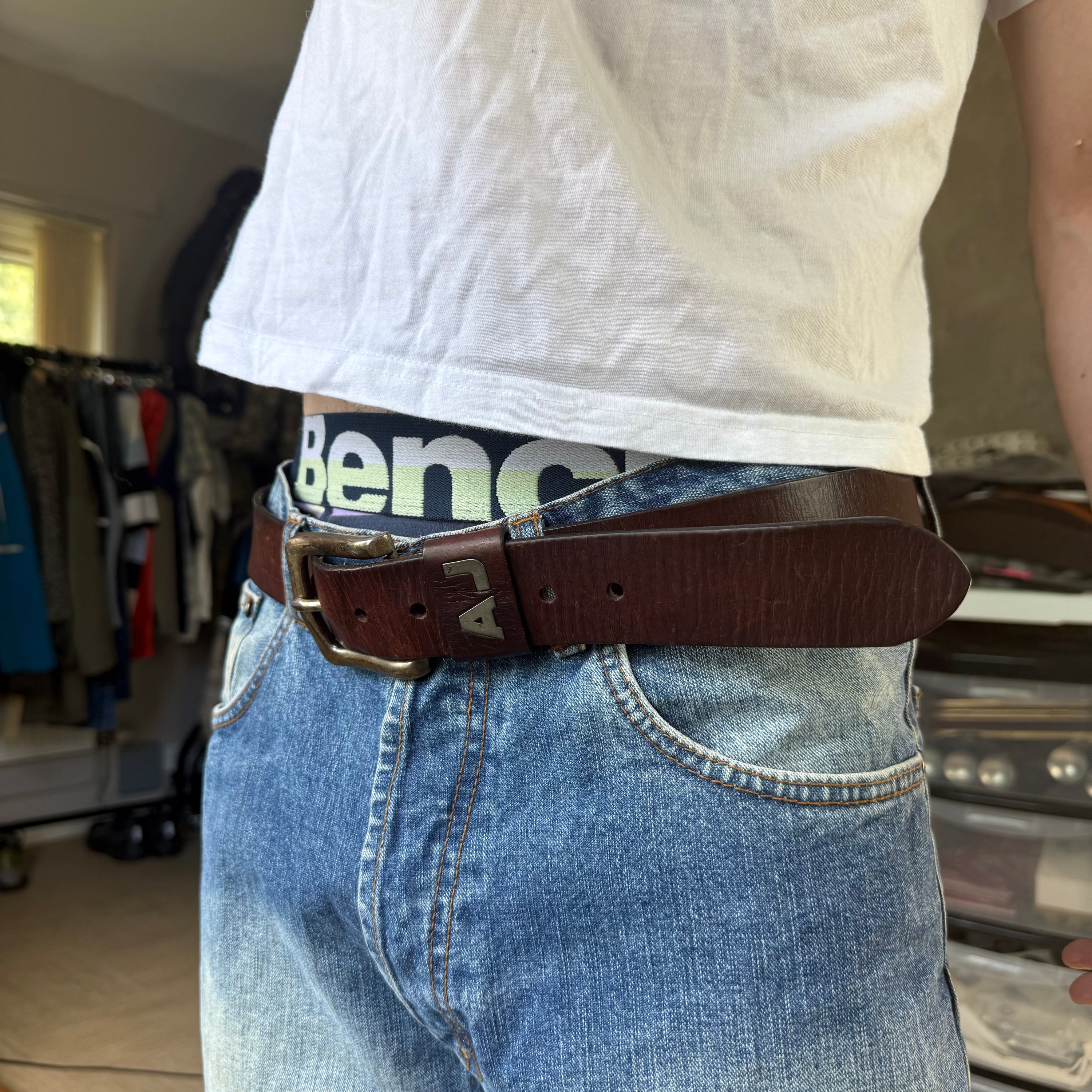 Armani jeans 2000's big buckle dark brown leathe belt (OS)