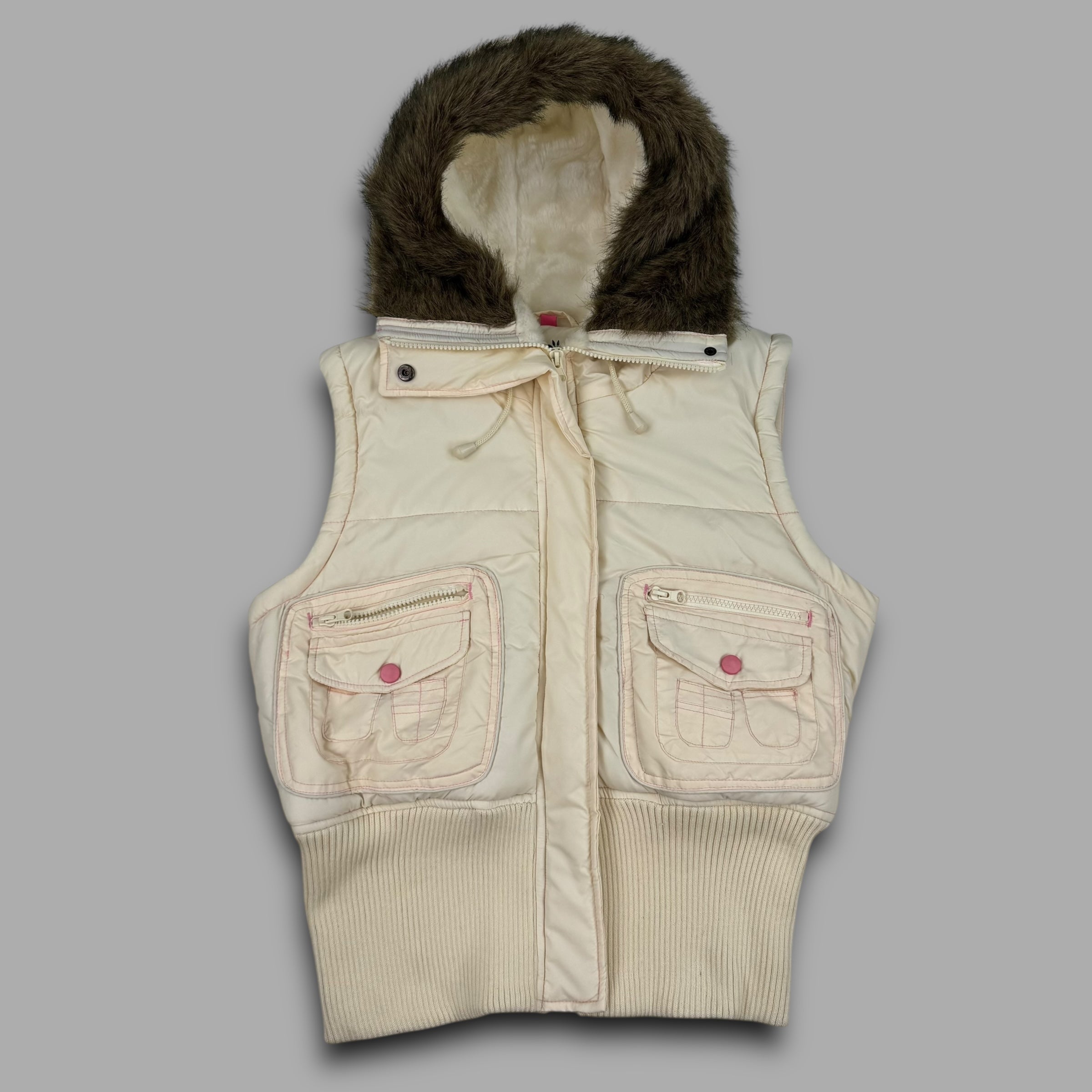 Y2K McBling 2006 sherpa lined, fur trim hood, funnel neck, multi pocketed ribbed body warmer/gilet (L) wms