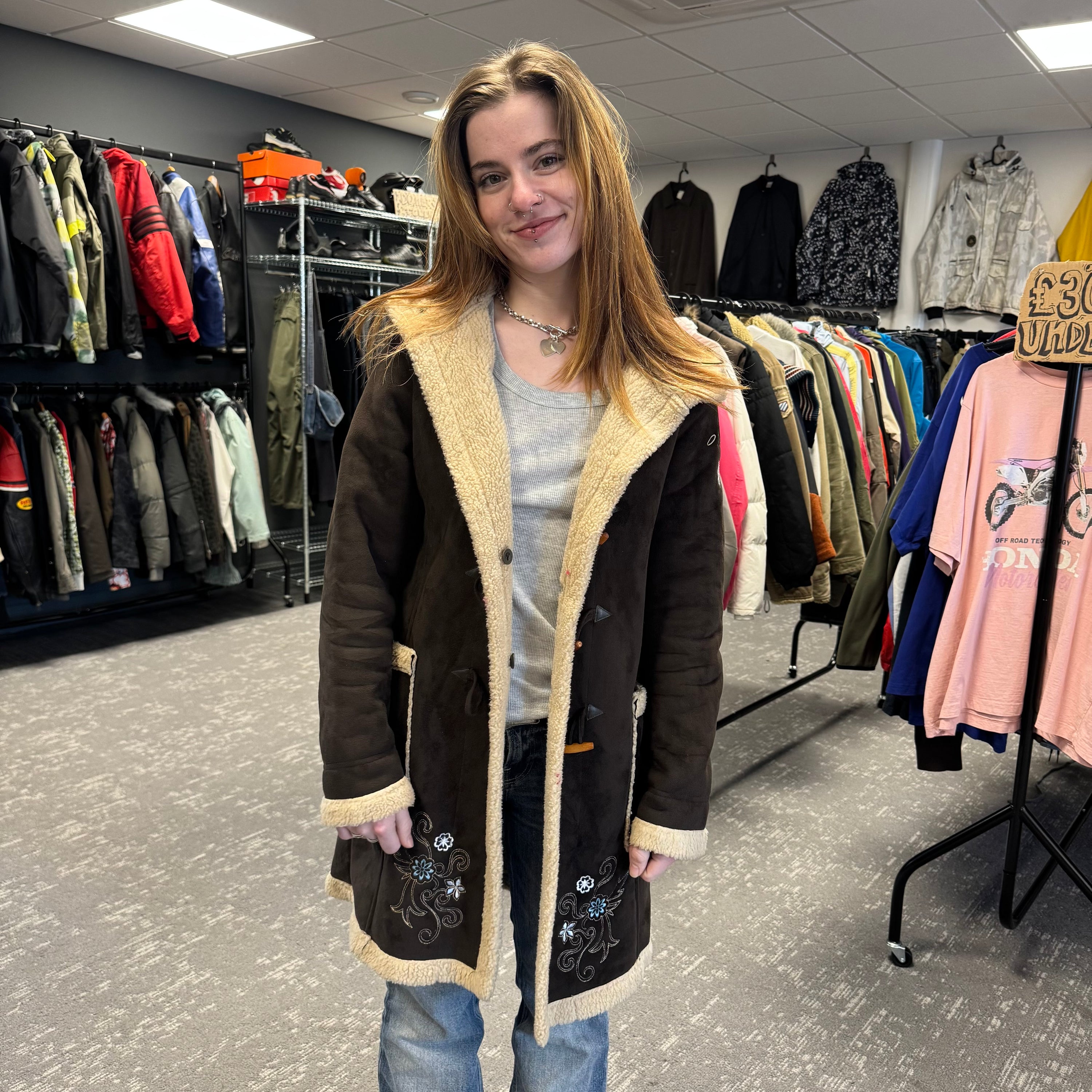 O'Neill 2000's suede, fleece-lined, hooded duffle coat with embroidery near the pockets (S) wms