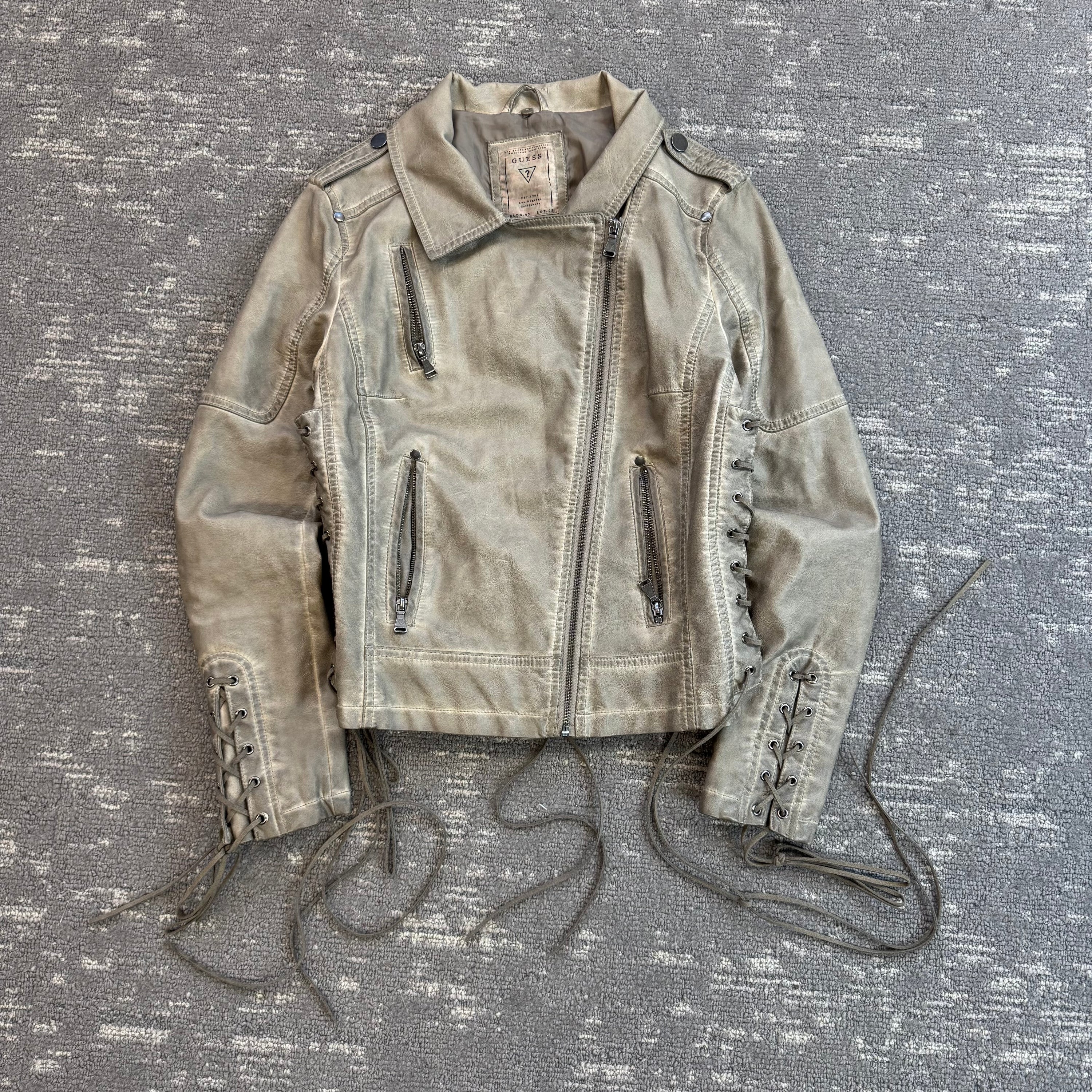 Guess 2000's leather lace up asymmetrical zip biker jacket (M) wms