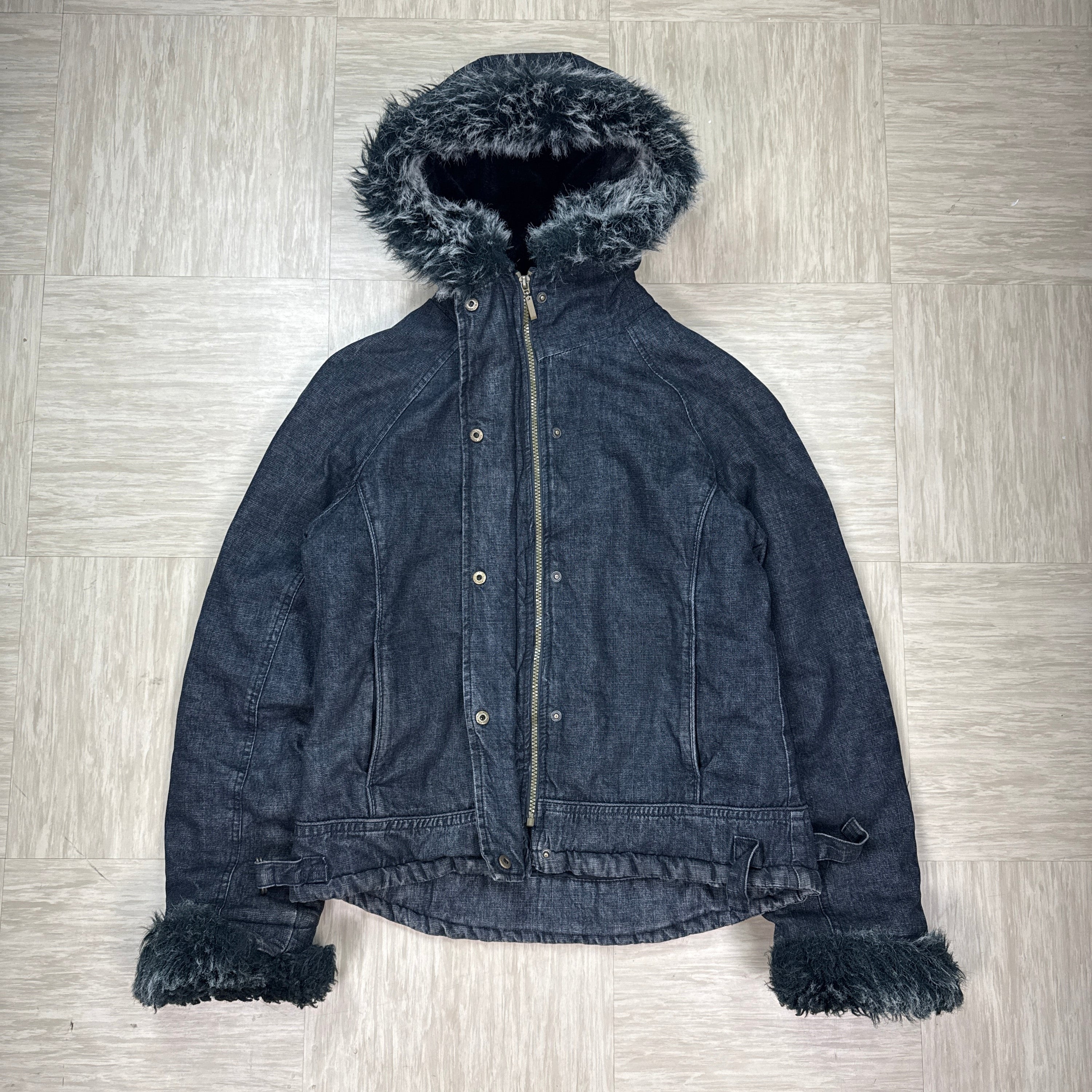 Alibi 1990's cropped zip up denim faux fur hooded jacket (S)