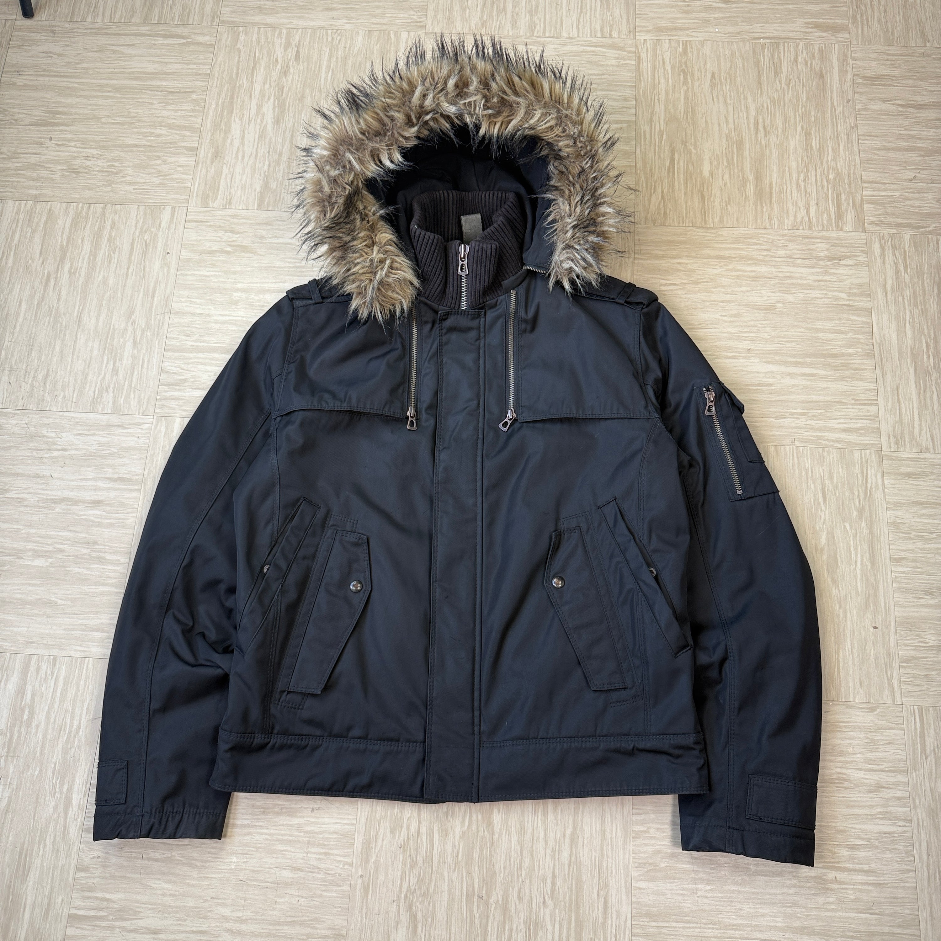 Hugo boss 2000's orange tab technical thermor nylon bomber jacket with fur hood (L)