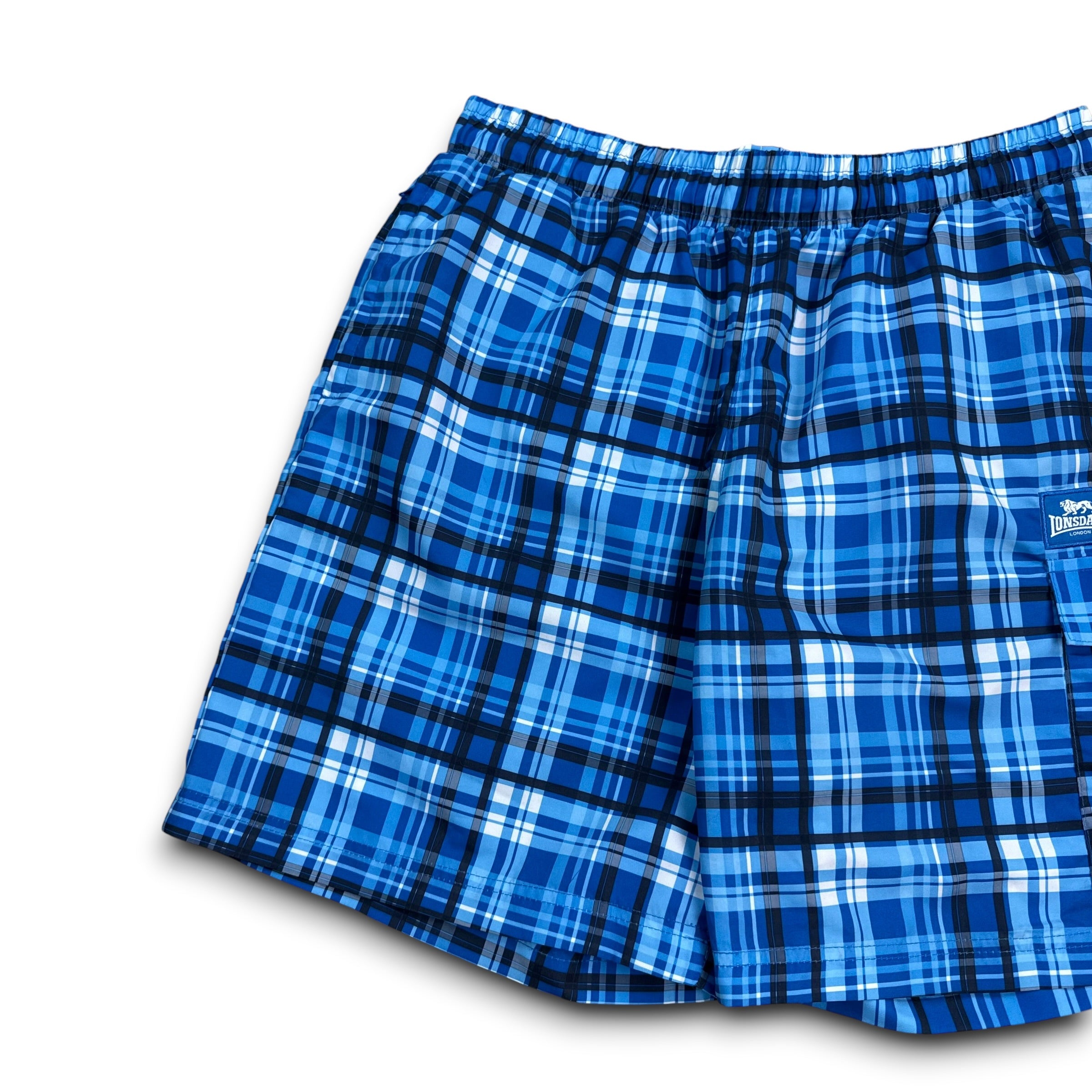 Lonsdale 2000's baggy plaid blue swim shorts (M)