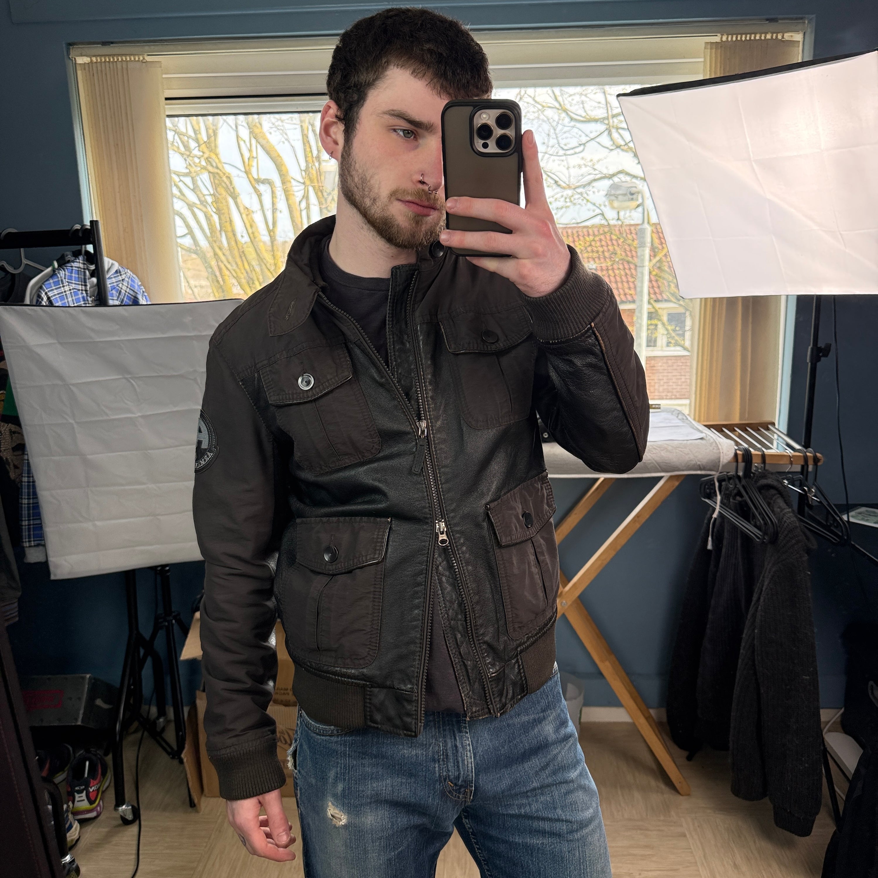 Armani 2000's multi-pocket leather hybrid jacket (S-M)
