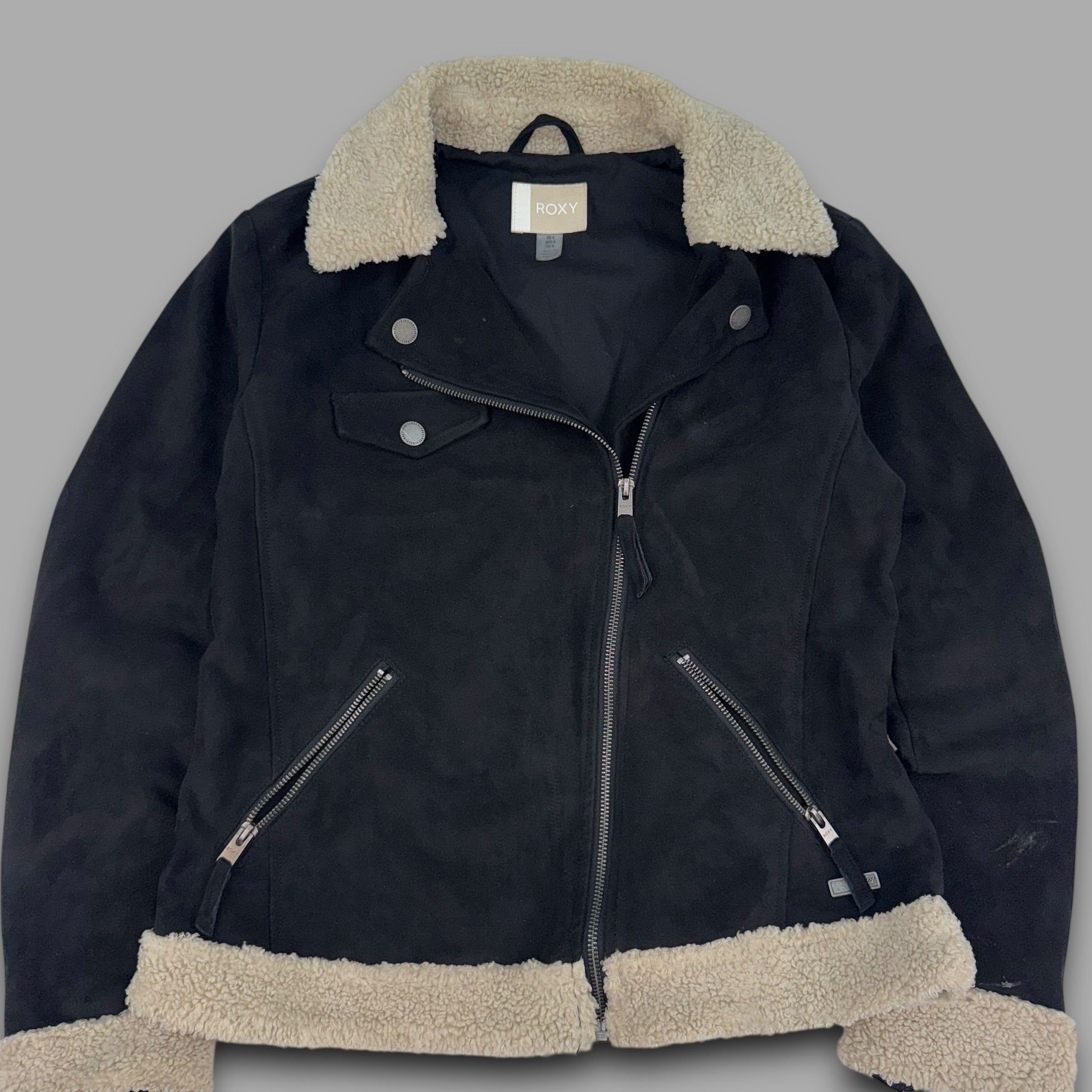 Roxy 2000's asymmetrical zip up faux suede sherpa collar moto jacket (S) wms