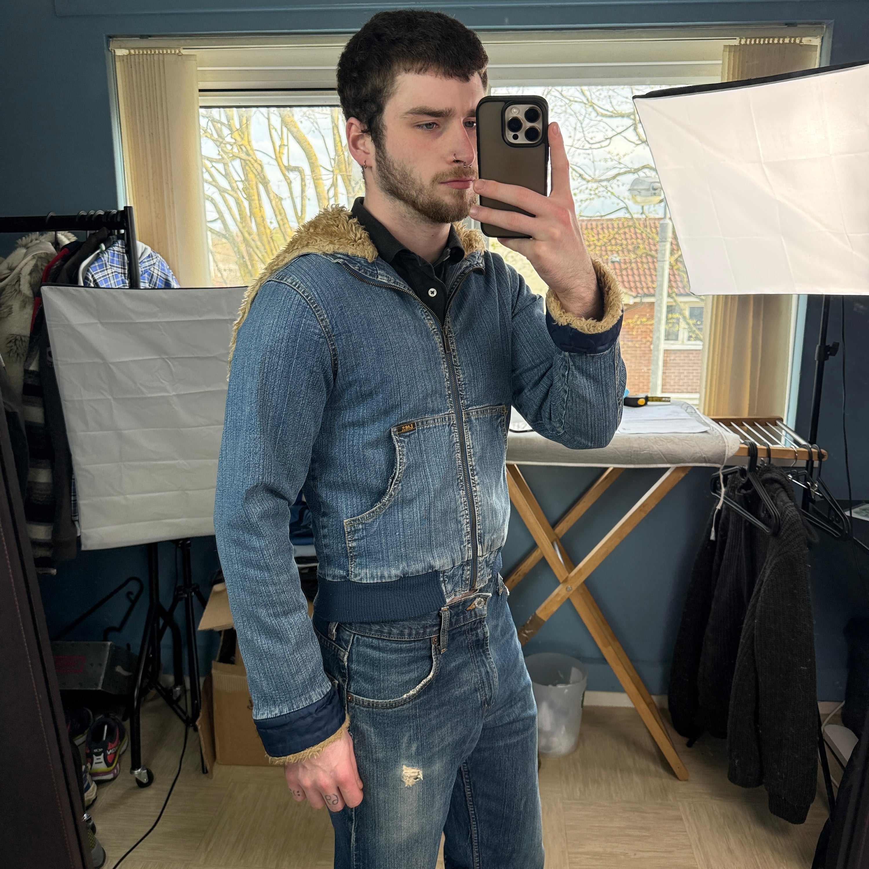 Lee 2000's split fur hood cropped denim jacket (XS)
