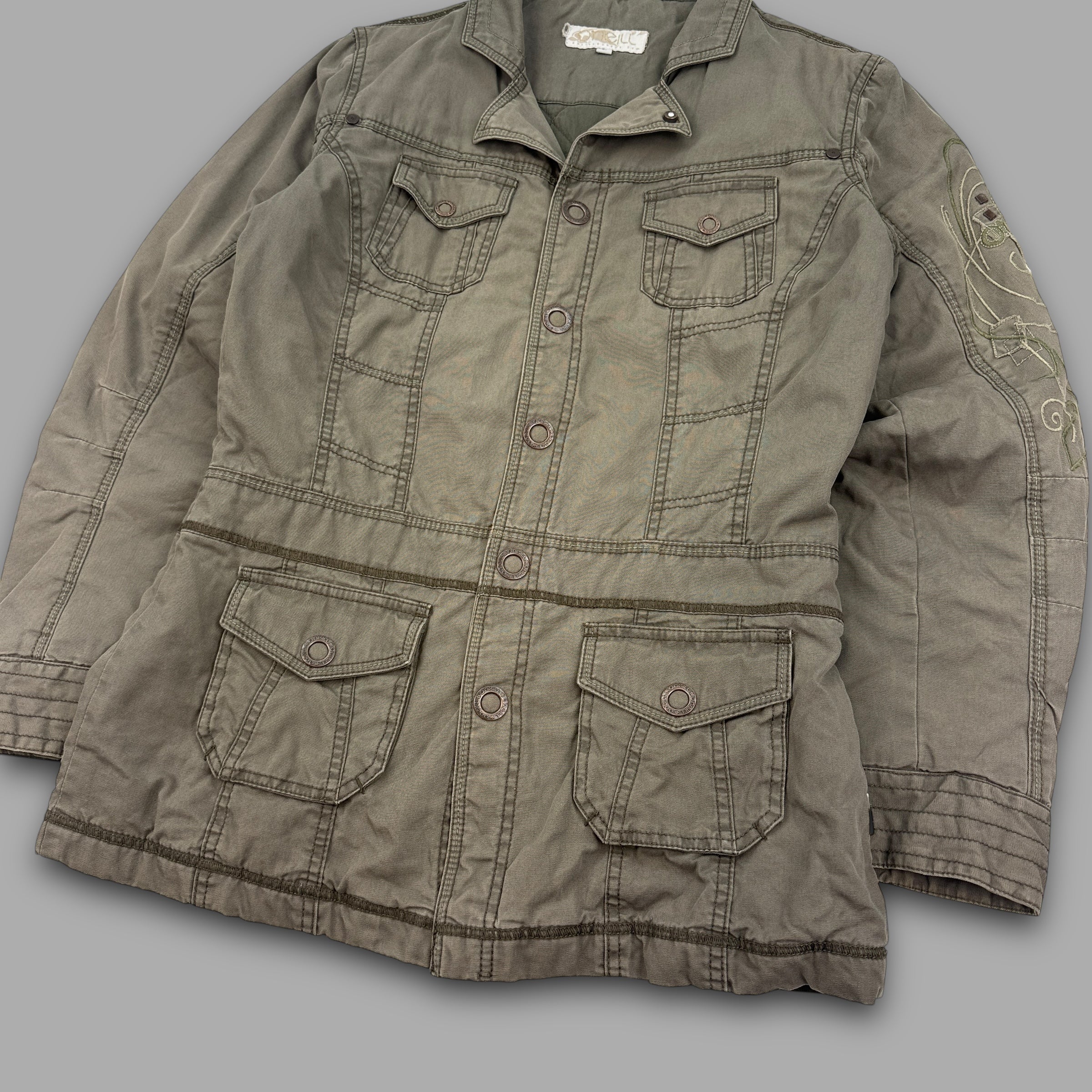 O'Neill 2000's multi-pocketed, pop button, embroidered utility jacket (L) wms