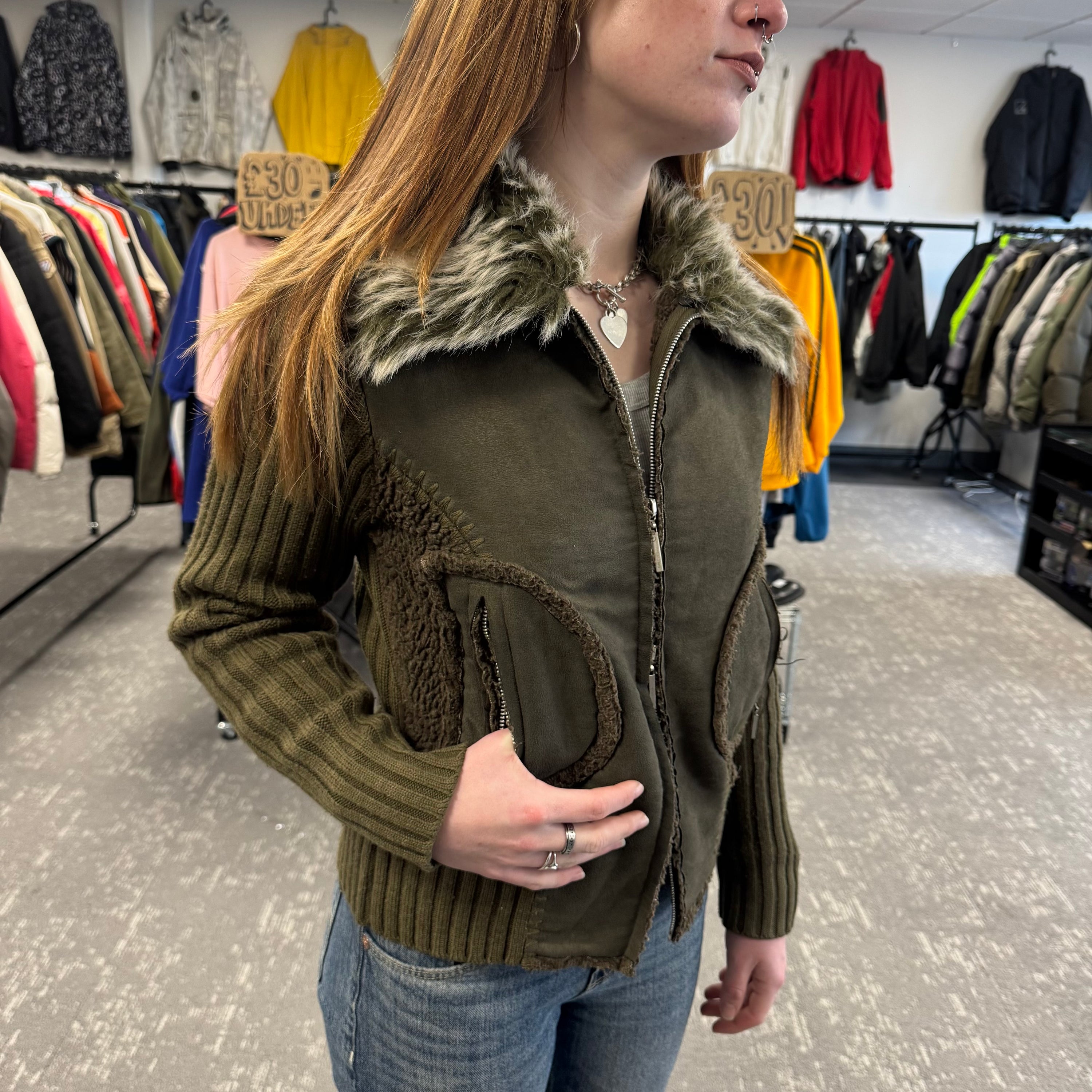 Yilunno 2000's zip up faux fur collar knit hybrid jacket (S) wms