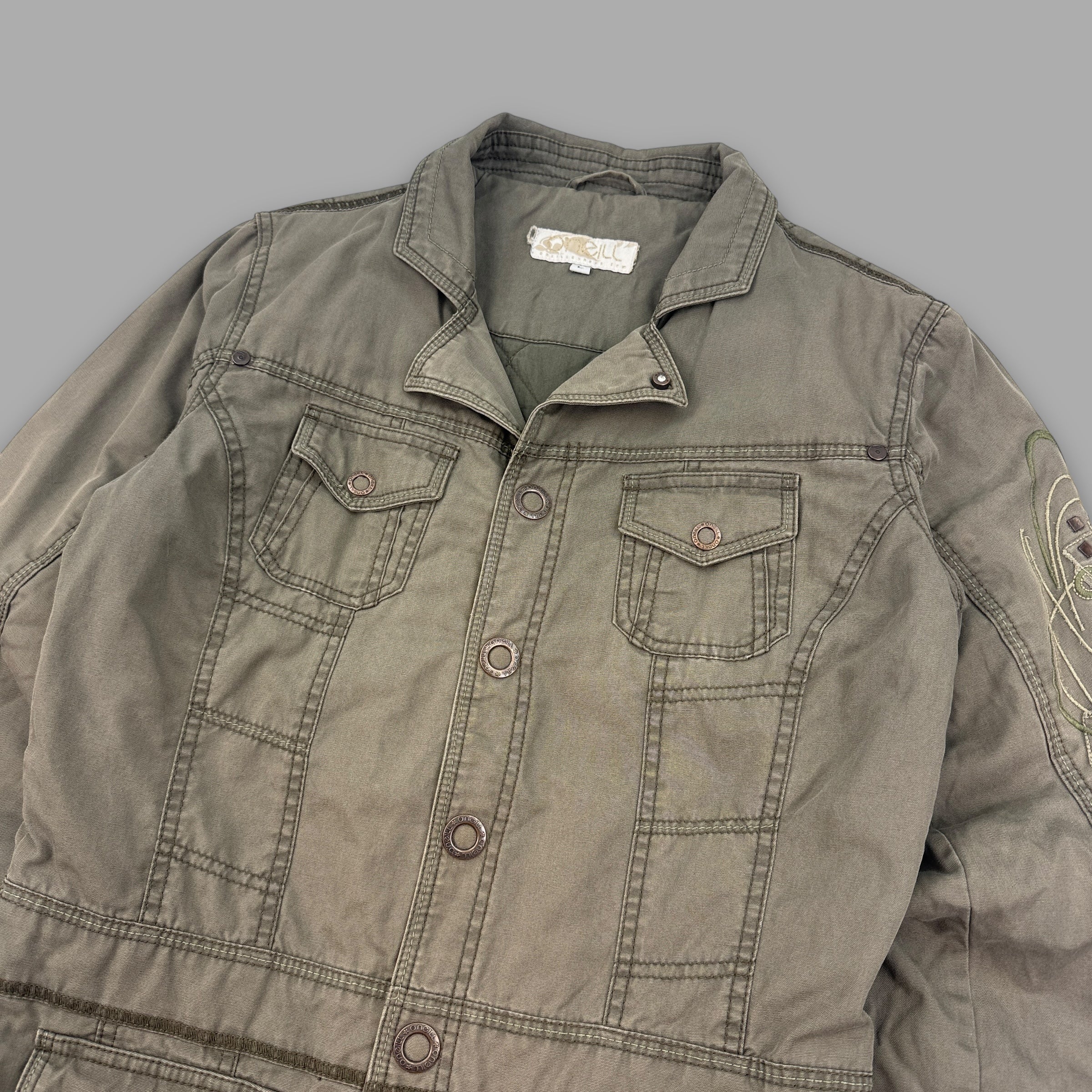 O'Neill 2000's multi-pocketed, pop button, embroidered utility jacket (L) wms