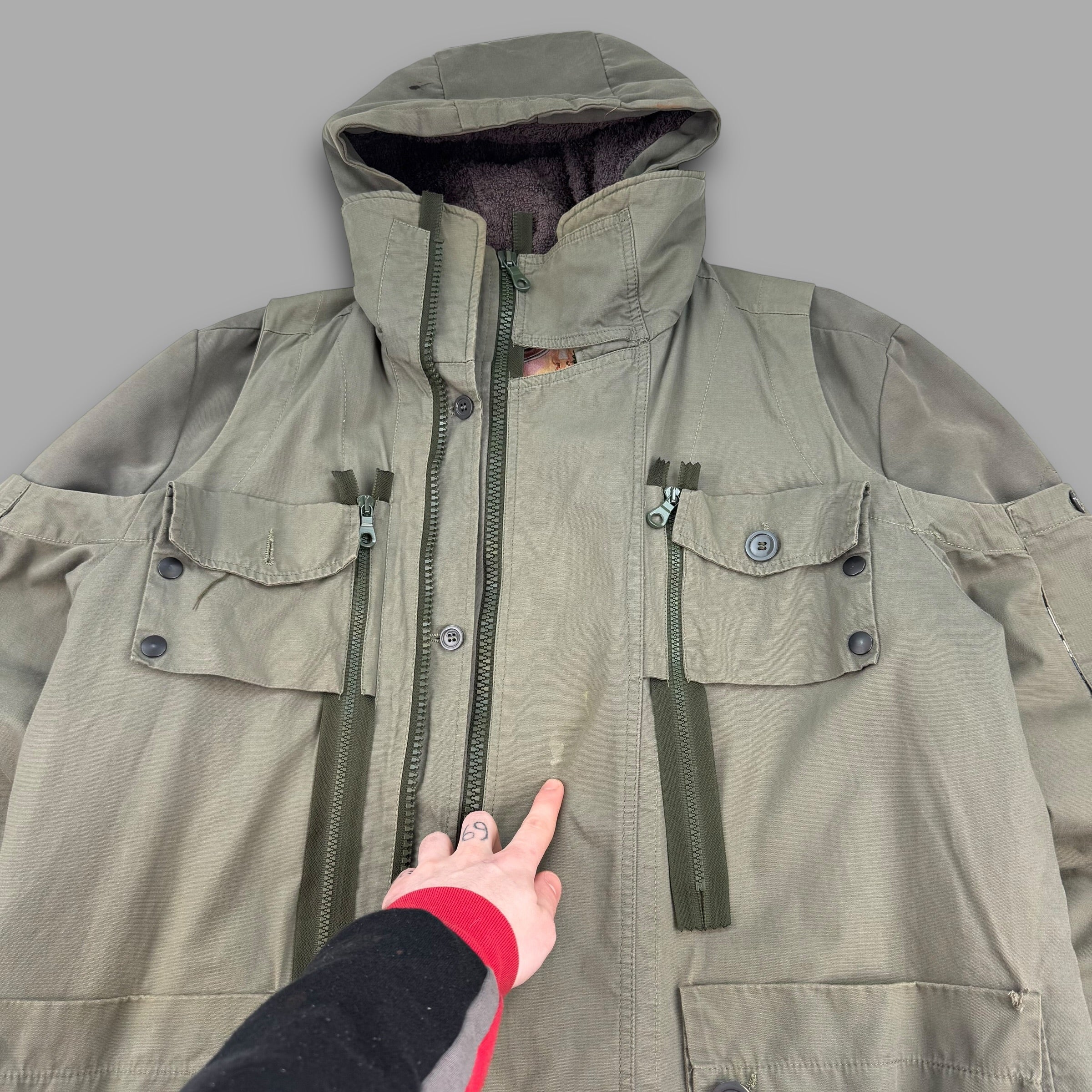 Diesel style lab 2000's technical multi-pocket heavyweight fur lined parka jacket (L)