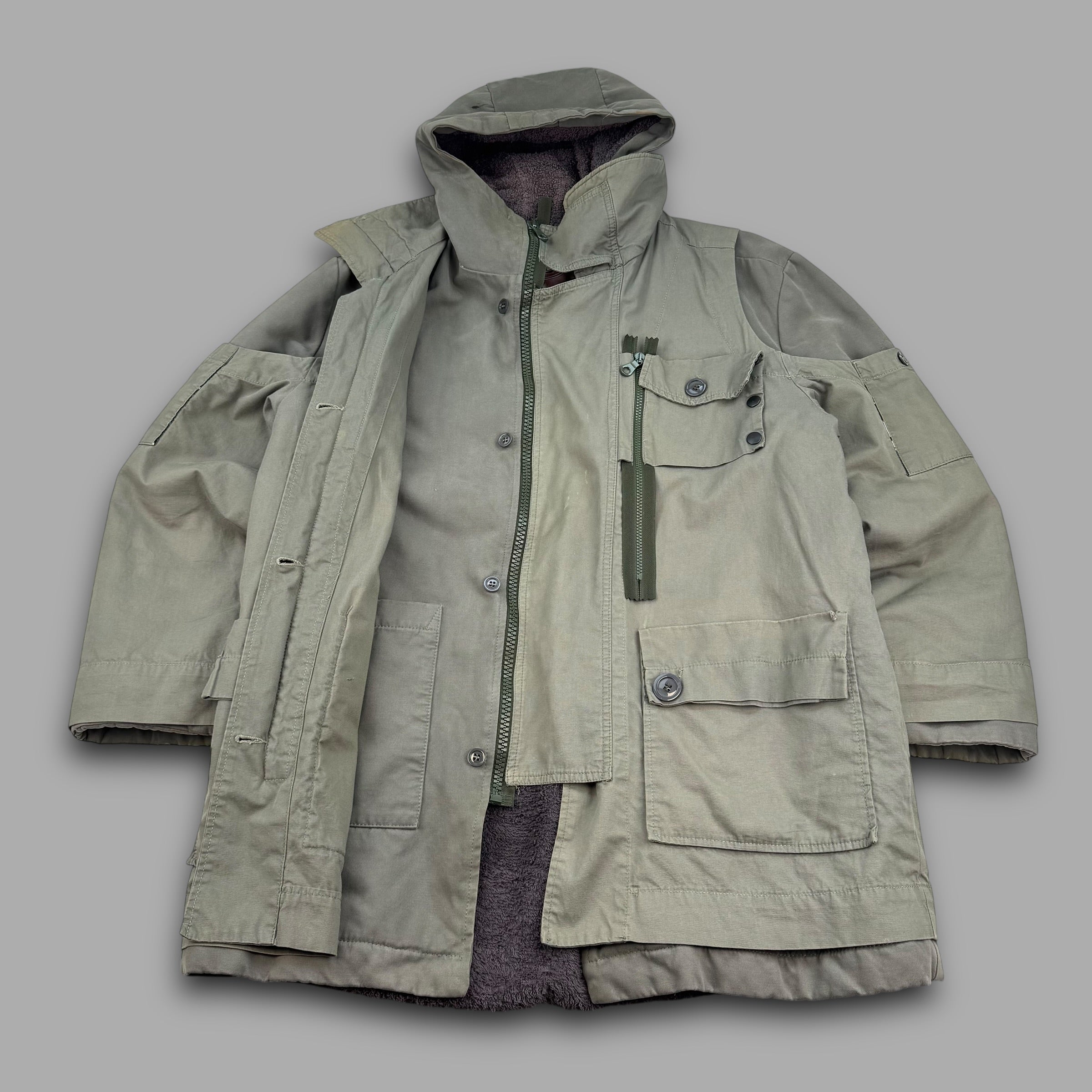 Diesel style lab 2000's technical multi-pocket heavyweight fur lined parka jacket (L)
