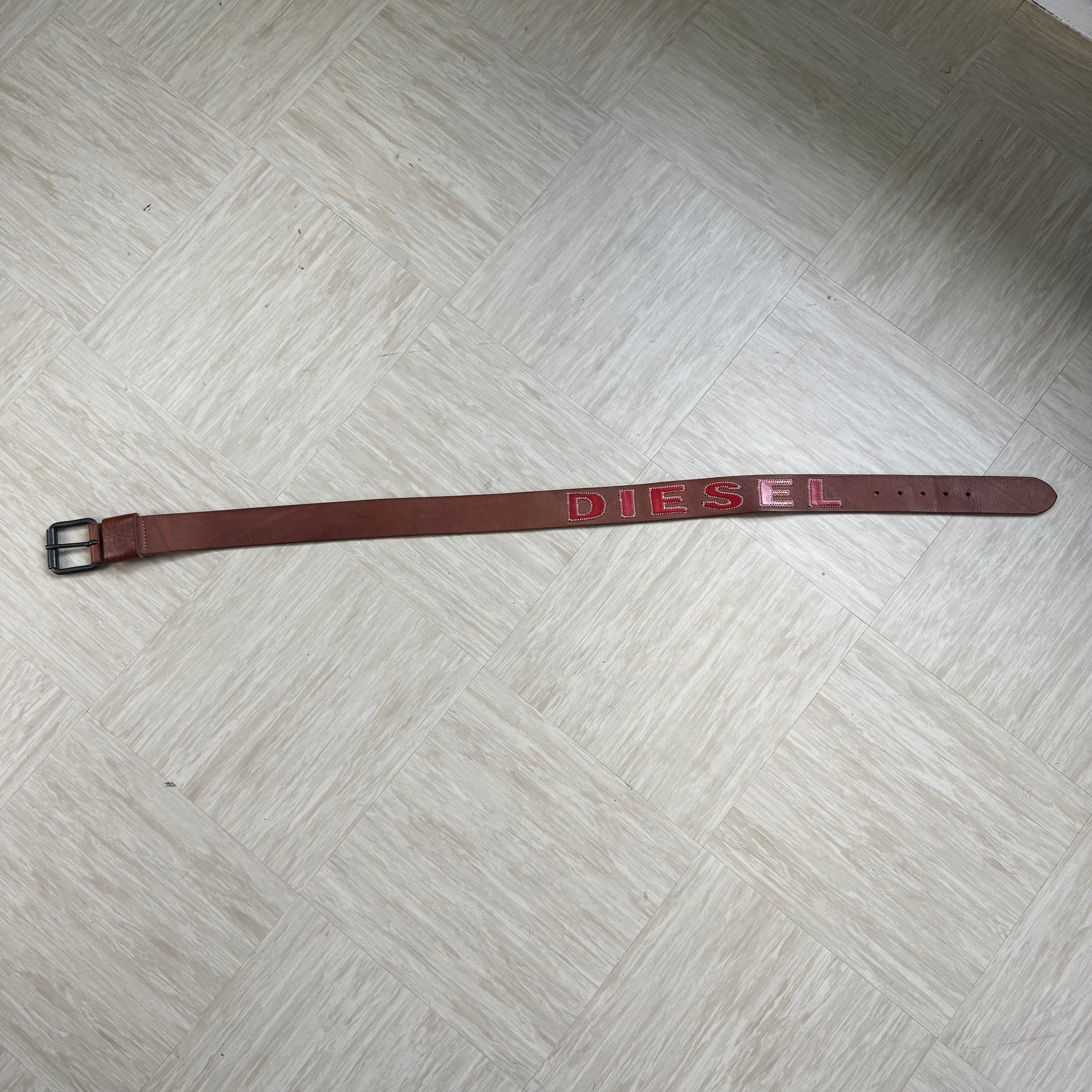 Diesel 2000's brown leather embroidered spellout belt (OS)