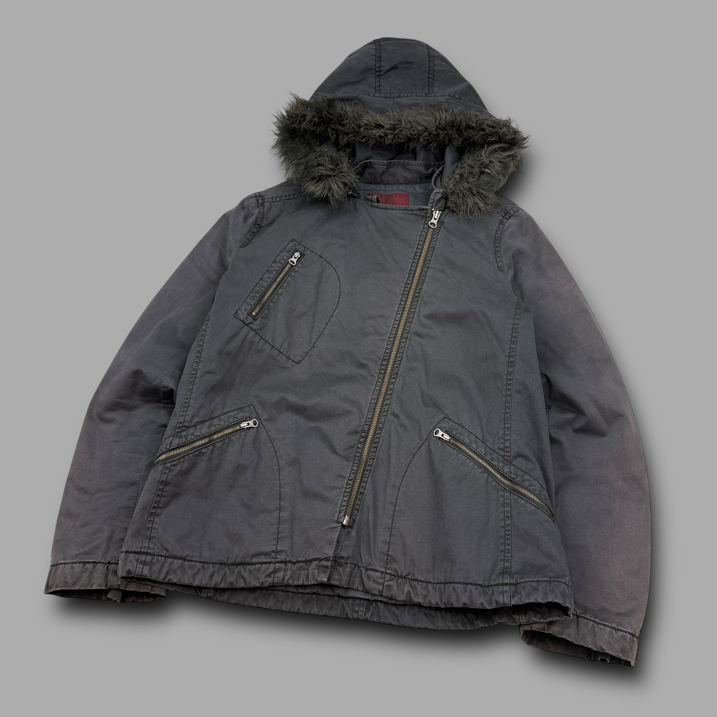 Fcuk jeans 2000's technical asymmetrical zip fur hood jacket (XL) wms