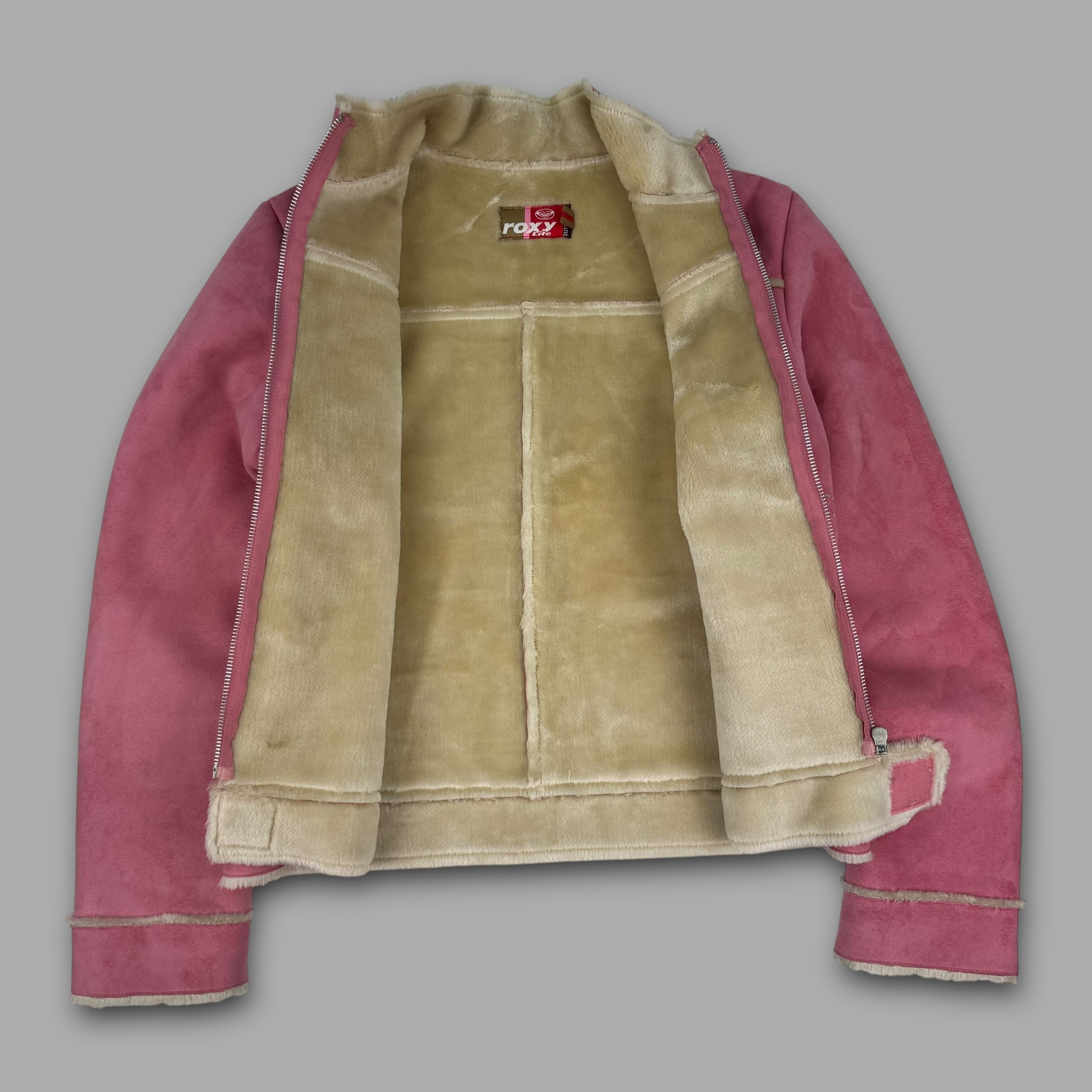 Roxy Life 2000's faux suede fur lined zip up jacket with embroidered logo and velcro closure (M) wms