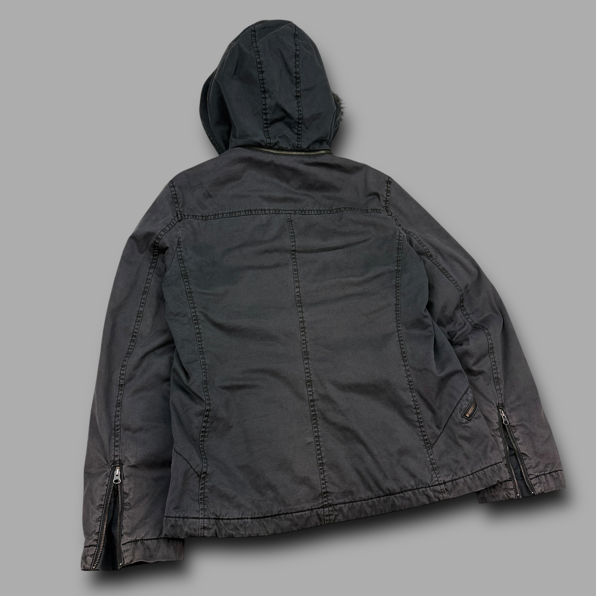 Fcuk jeans 2000's technical asymmetrical zip fur hood jacket (XL) wms