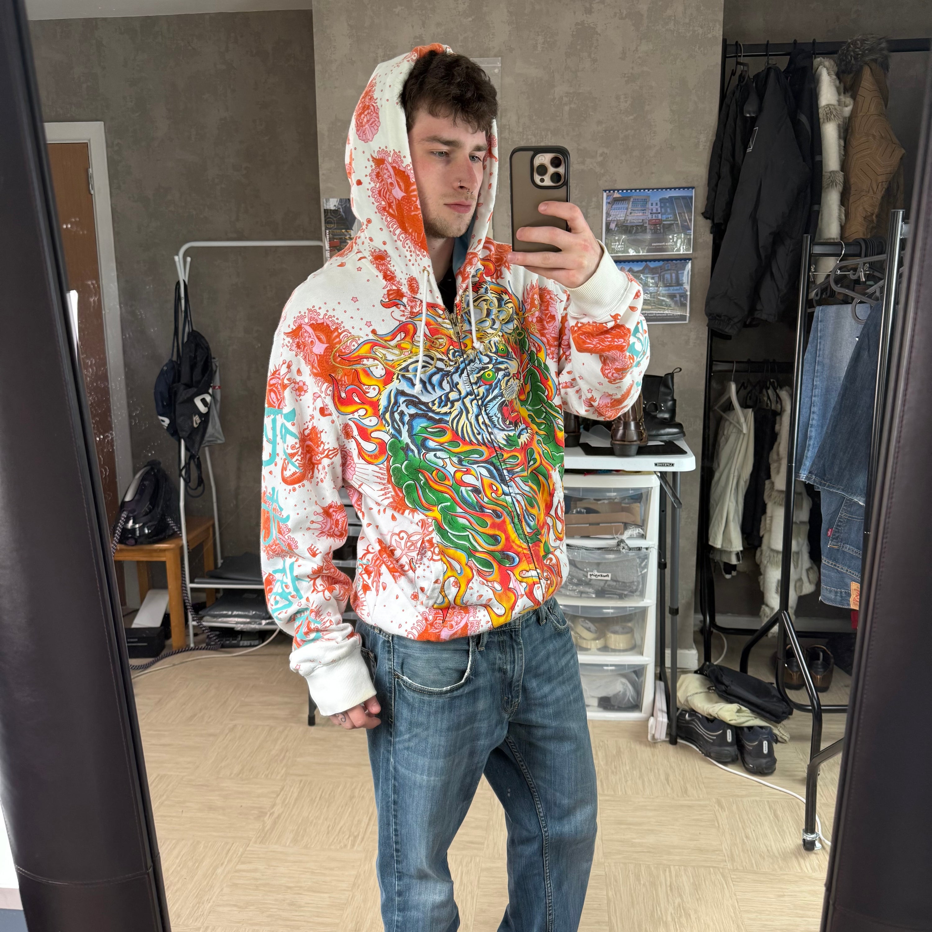 Ed hardy x Christian audigier 2000's graphic zip up hoodie (L)