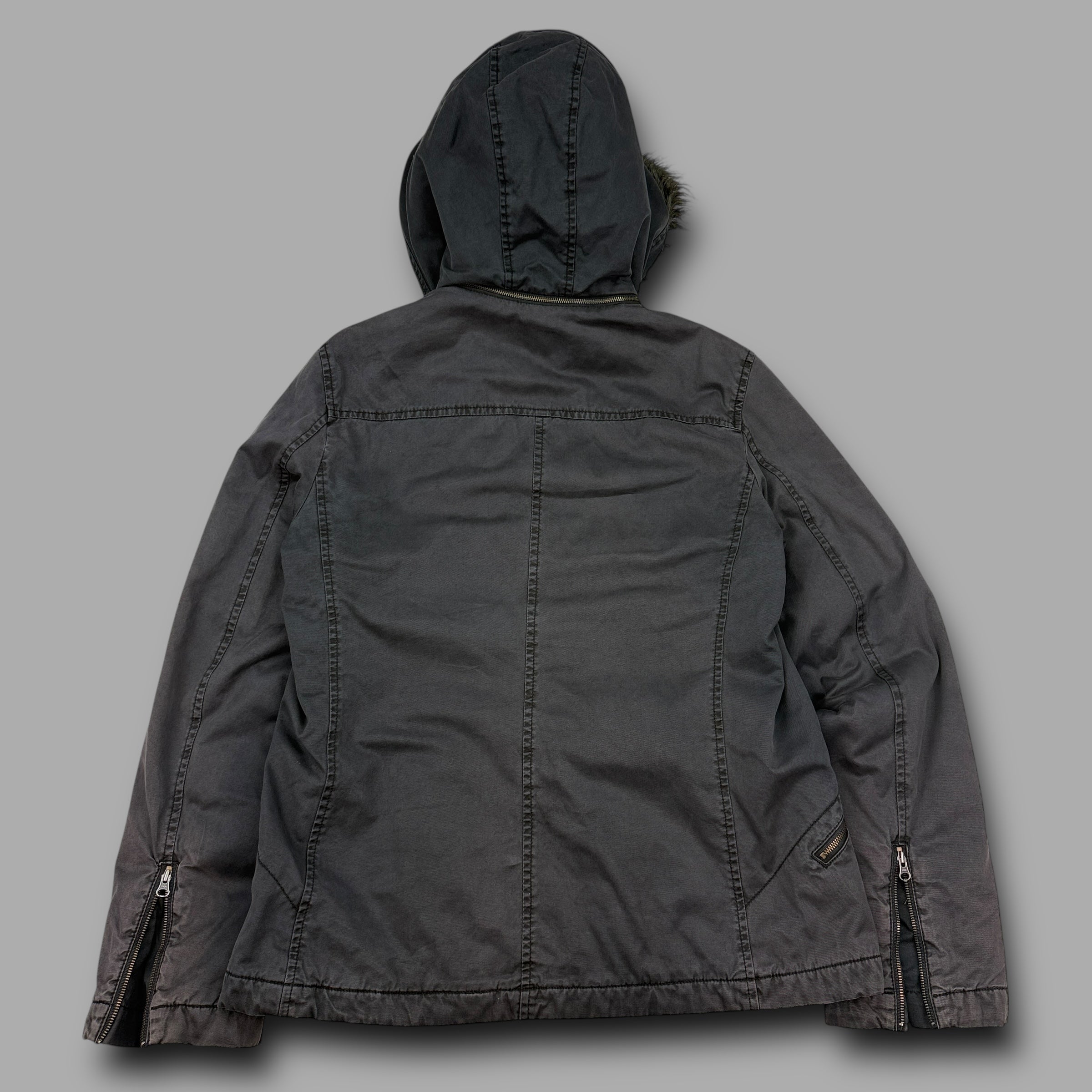 Fcuk jeans 2000's technical asymmetrical zip fur hood jacket (XL) wms