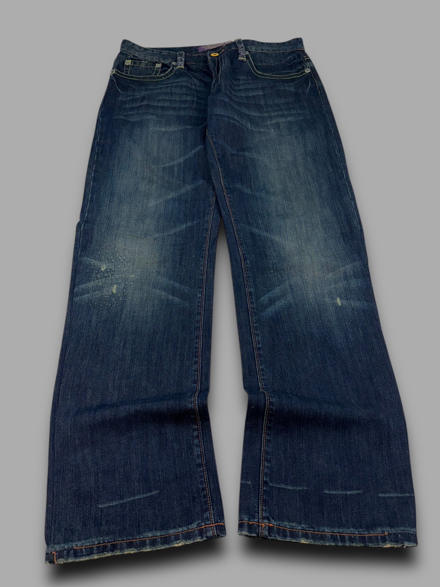 Christian Audegier 2000's graphic embroidered denim straight leg jeans (L)