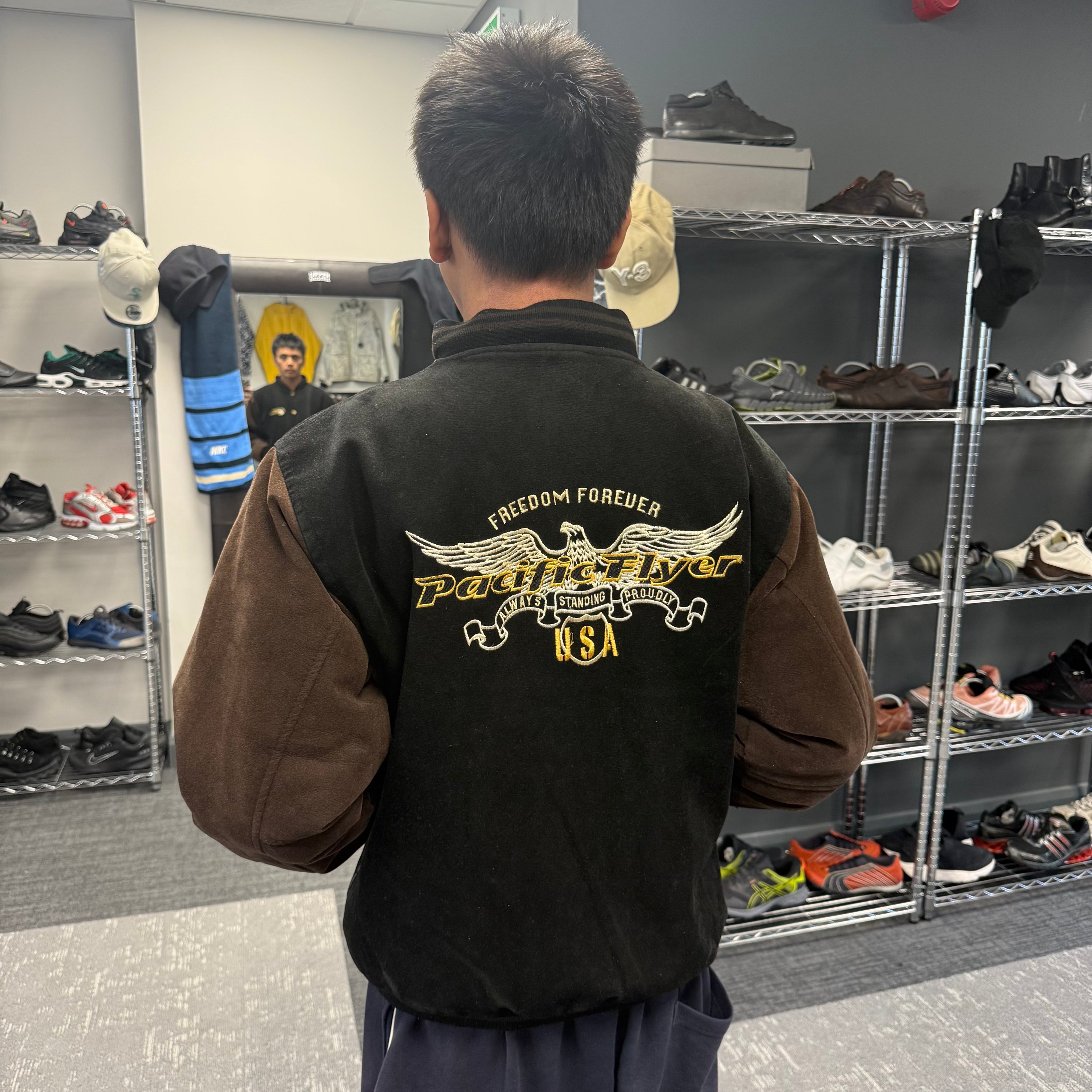 Pacific flyer 2000's embrodiered hybrid suede bomber jacket (M)