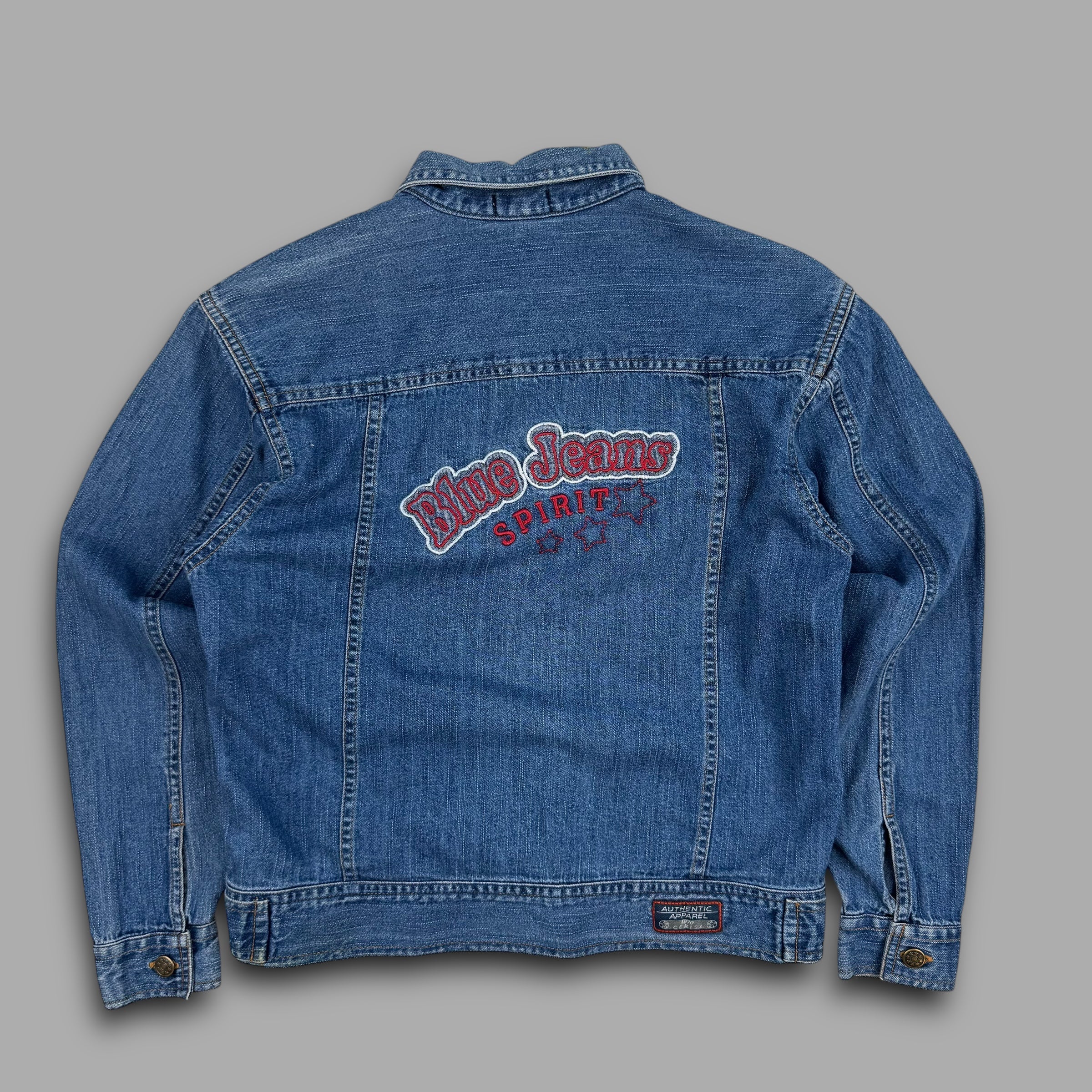 Cerisi Vintage 1980's blue jeans spirit denim shirt jacket with embroidered detailing on the back (S) wms