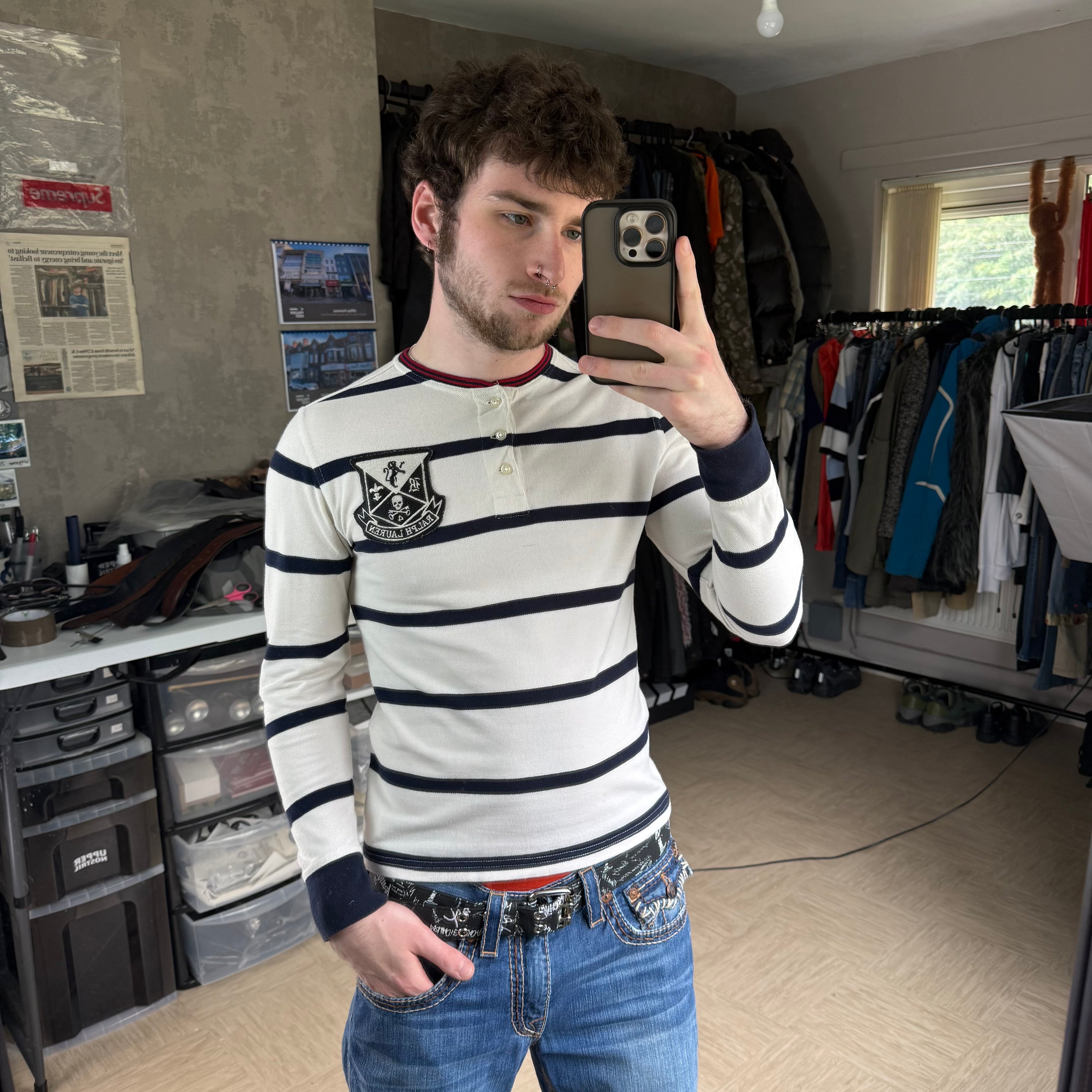 Ralph Lauren 2000's horizontal stripe embroidered Henley tee (XS)
