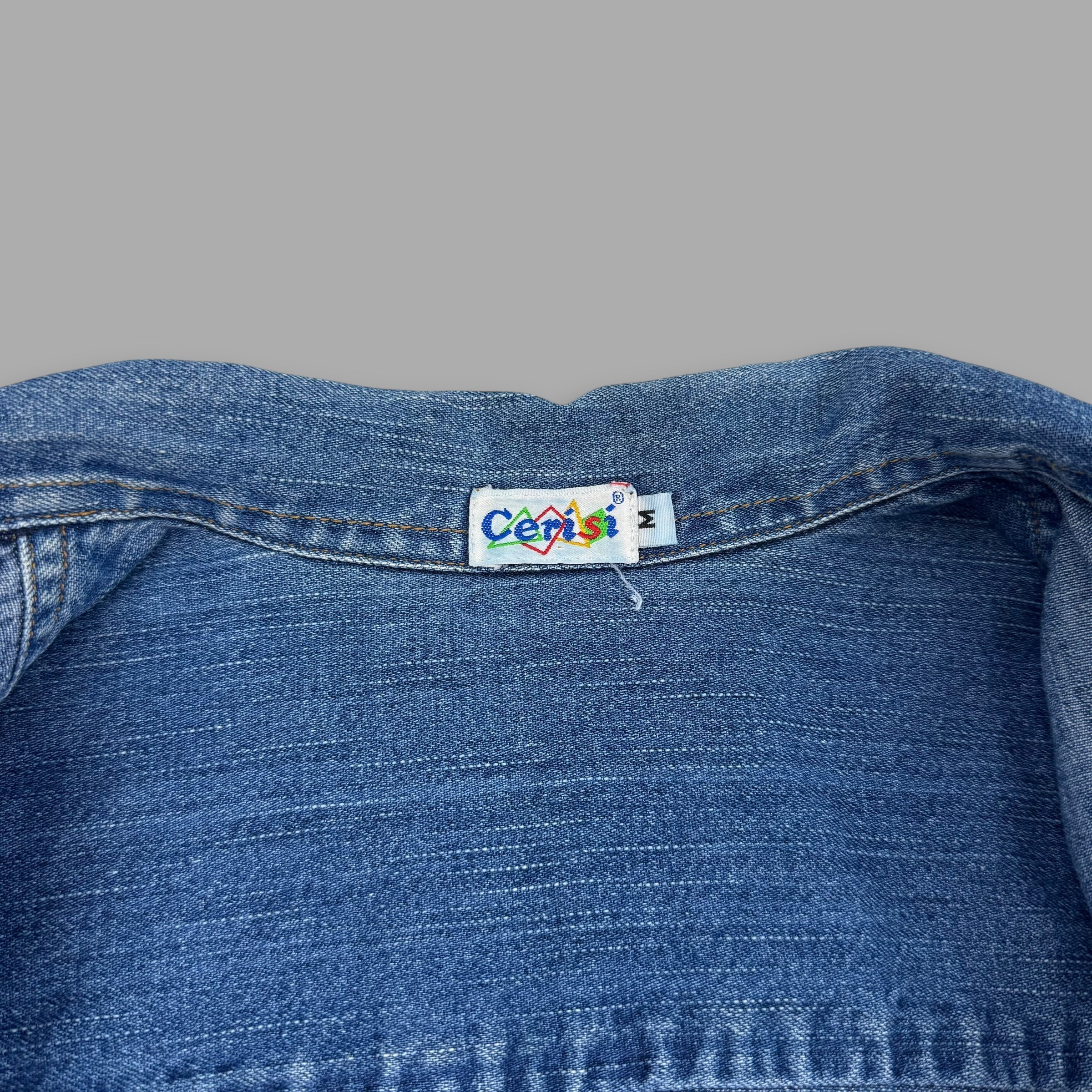 Cerisi Vintage 1980's blue jeans spirit denim shirt jacket with embroidered detailing on the back (S) wms