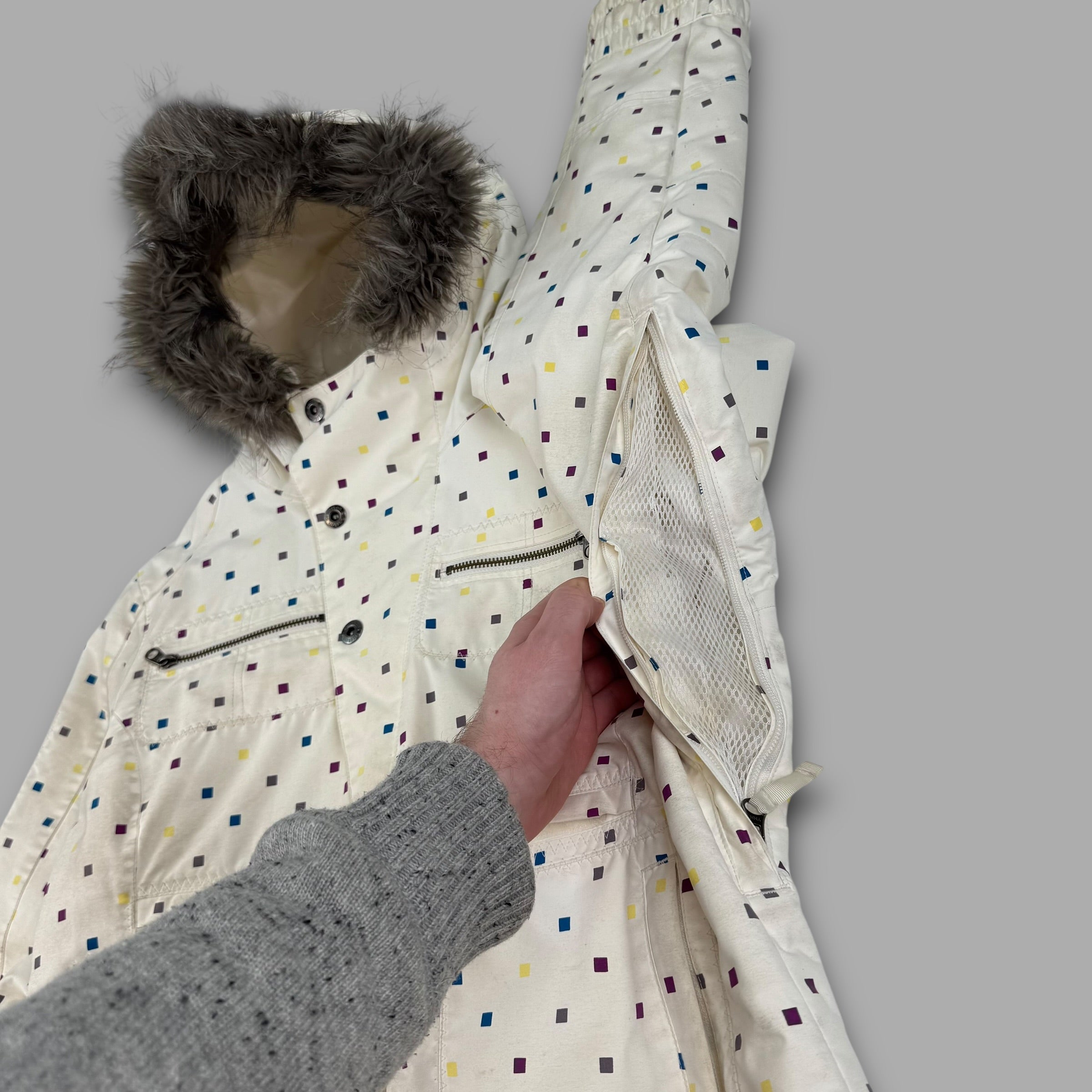 Burton 2000's technical monogram multi-pocket fur hood ski jacket (L) wms