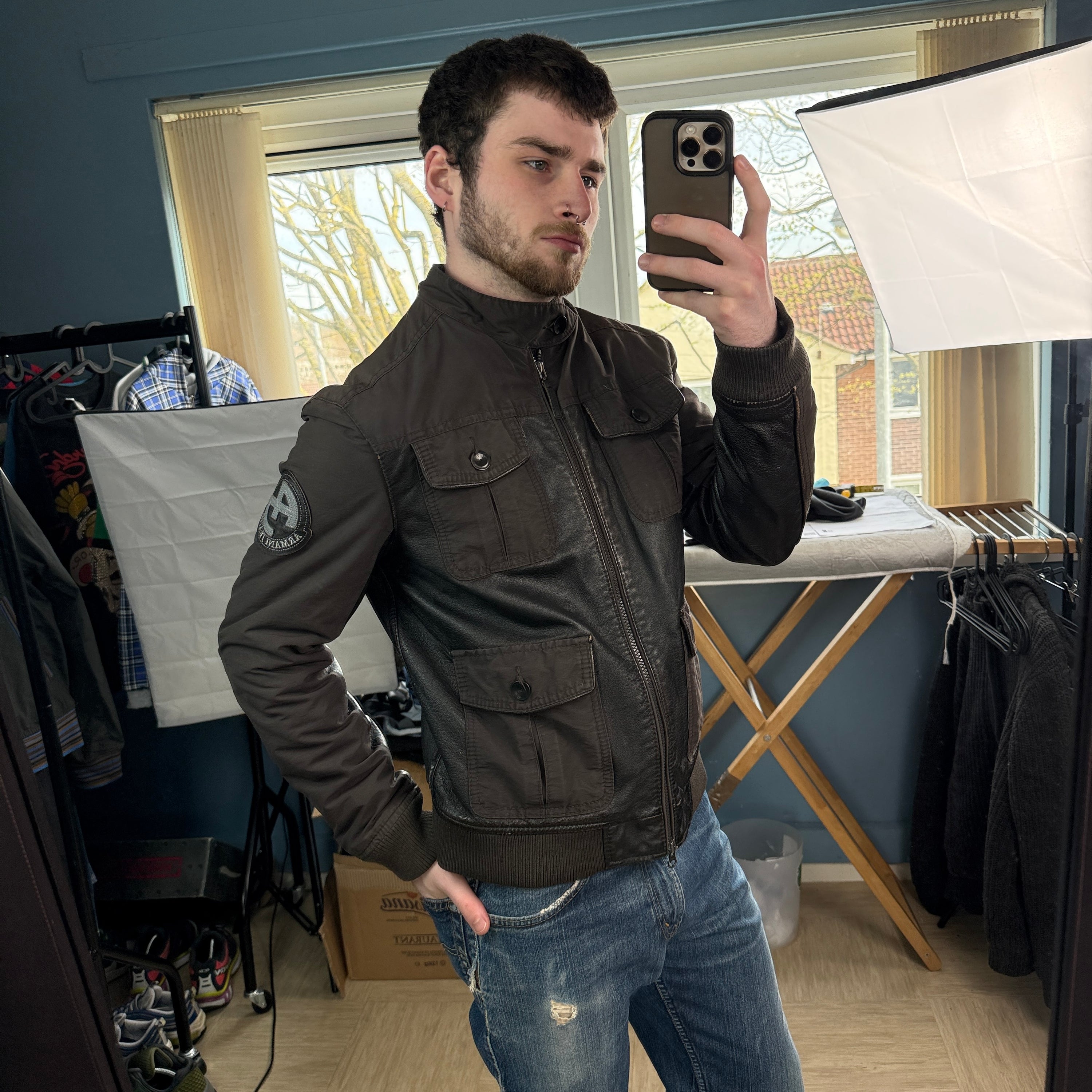 Armani 2000's multi-pocket leather hybrid jacket (S-M)
