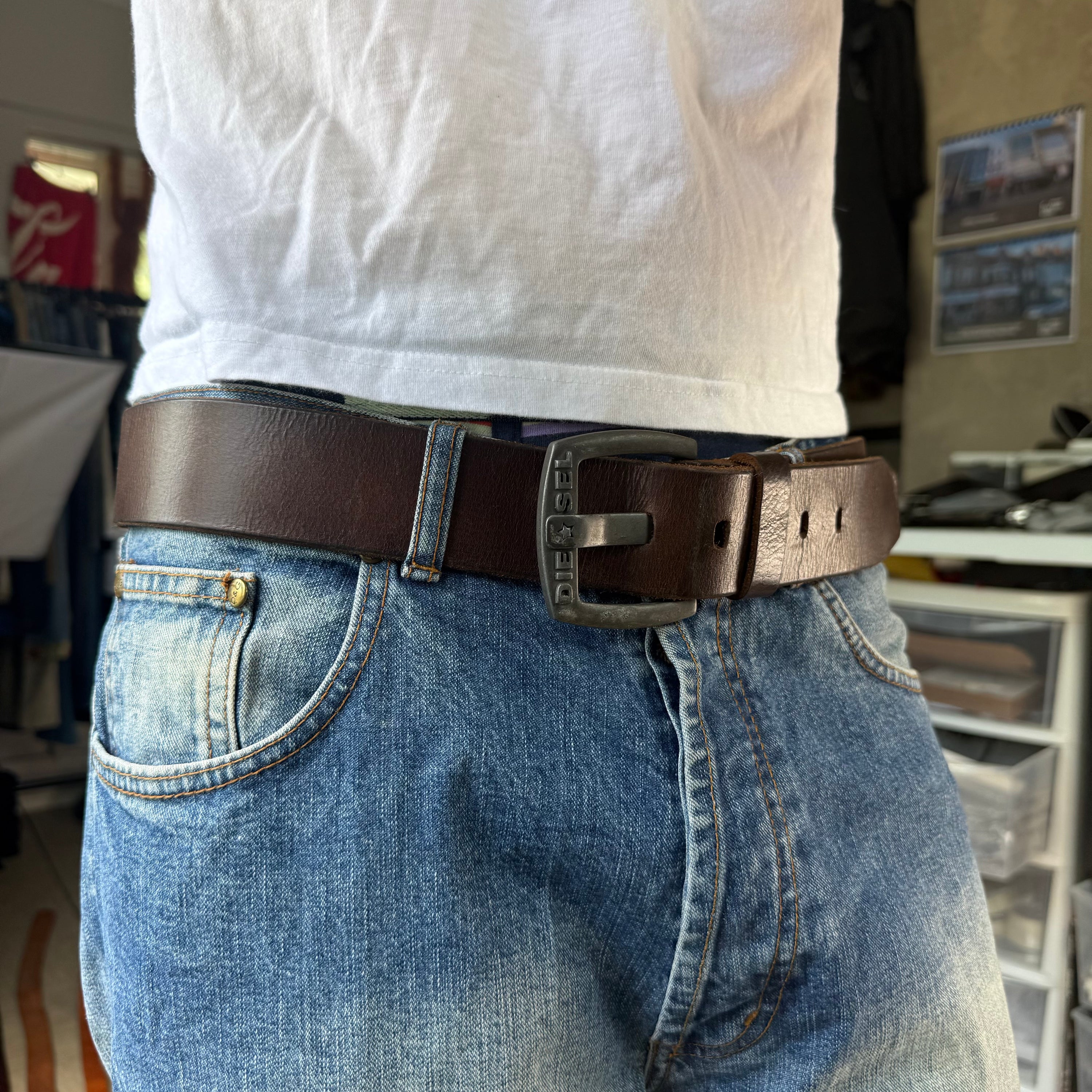 Diesel 2000's big spellout buckle wide leather belt (OS)