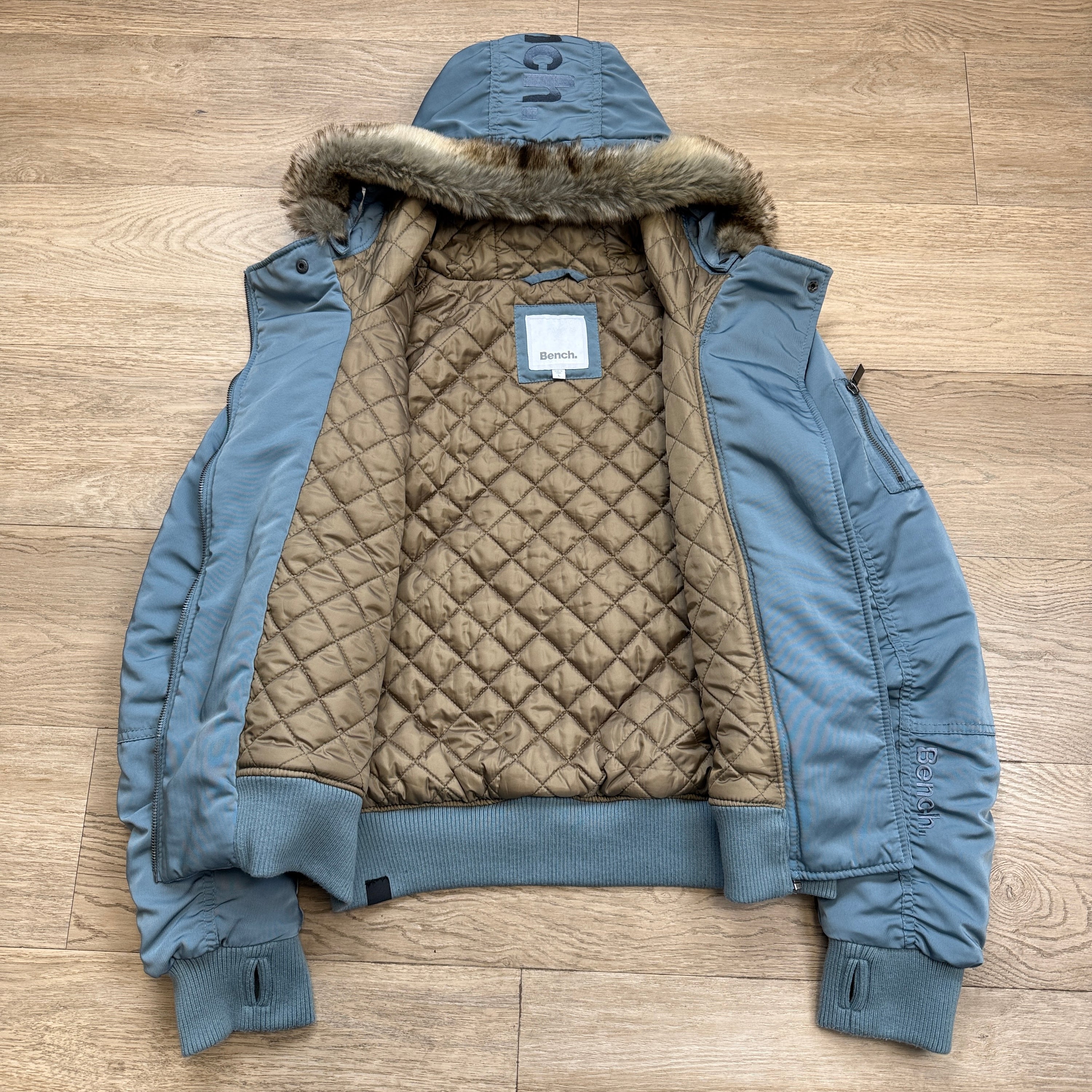 Bench 2000's asymmetrical zip fur hooded bomber jacket (L) wms