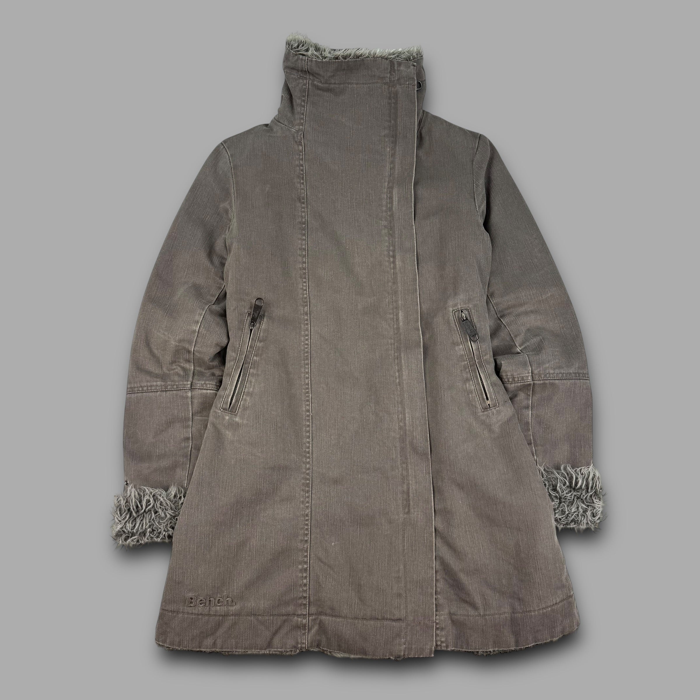 Bench 2000's funnel neck asymmetrical zip fleece lined long jacket (S)