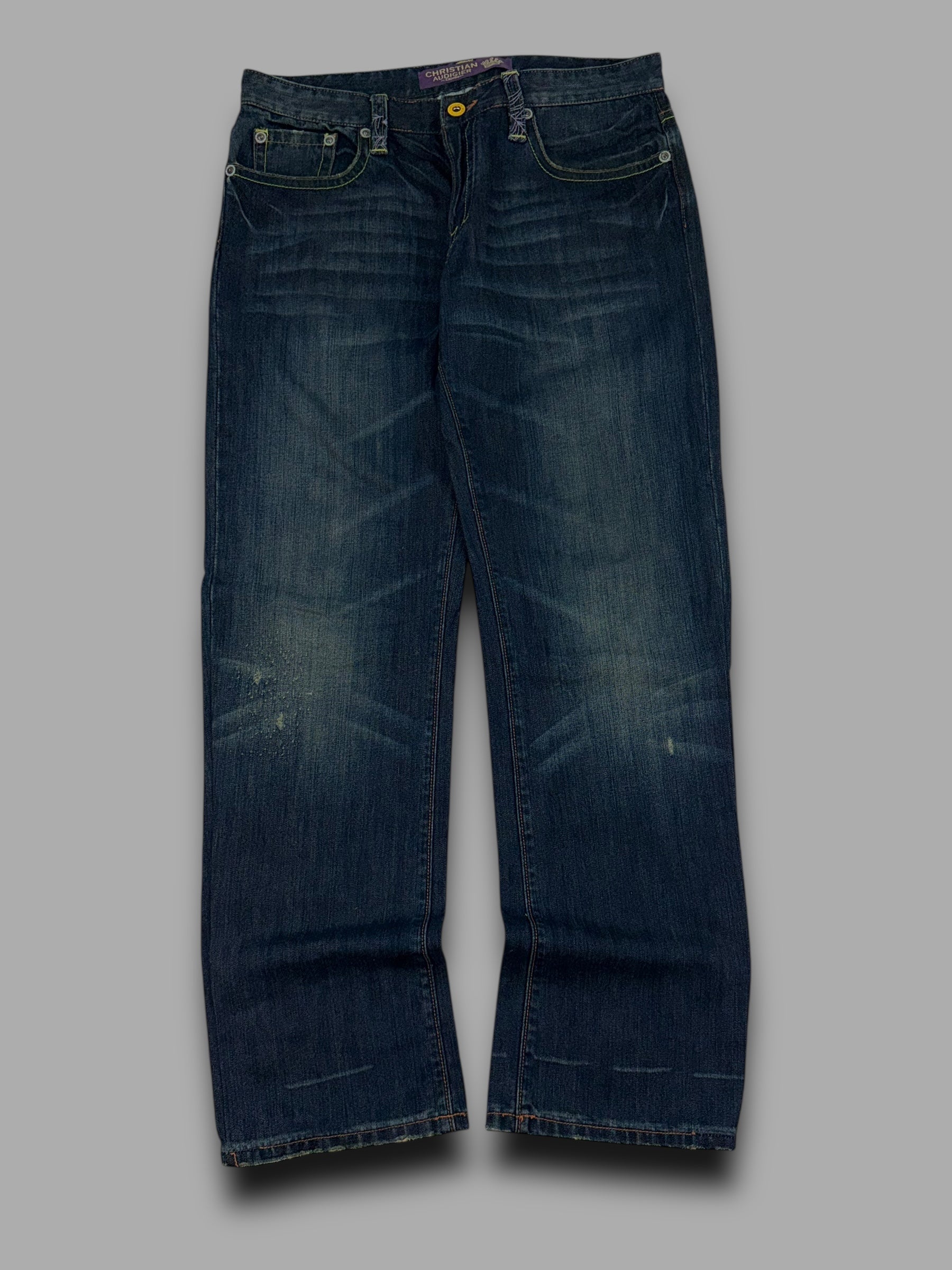 Christian Audegier 2000's graphic embroidered denim straight leg jeans (L)