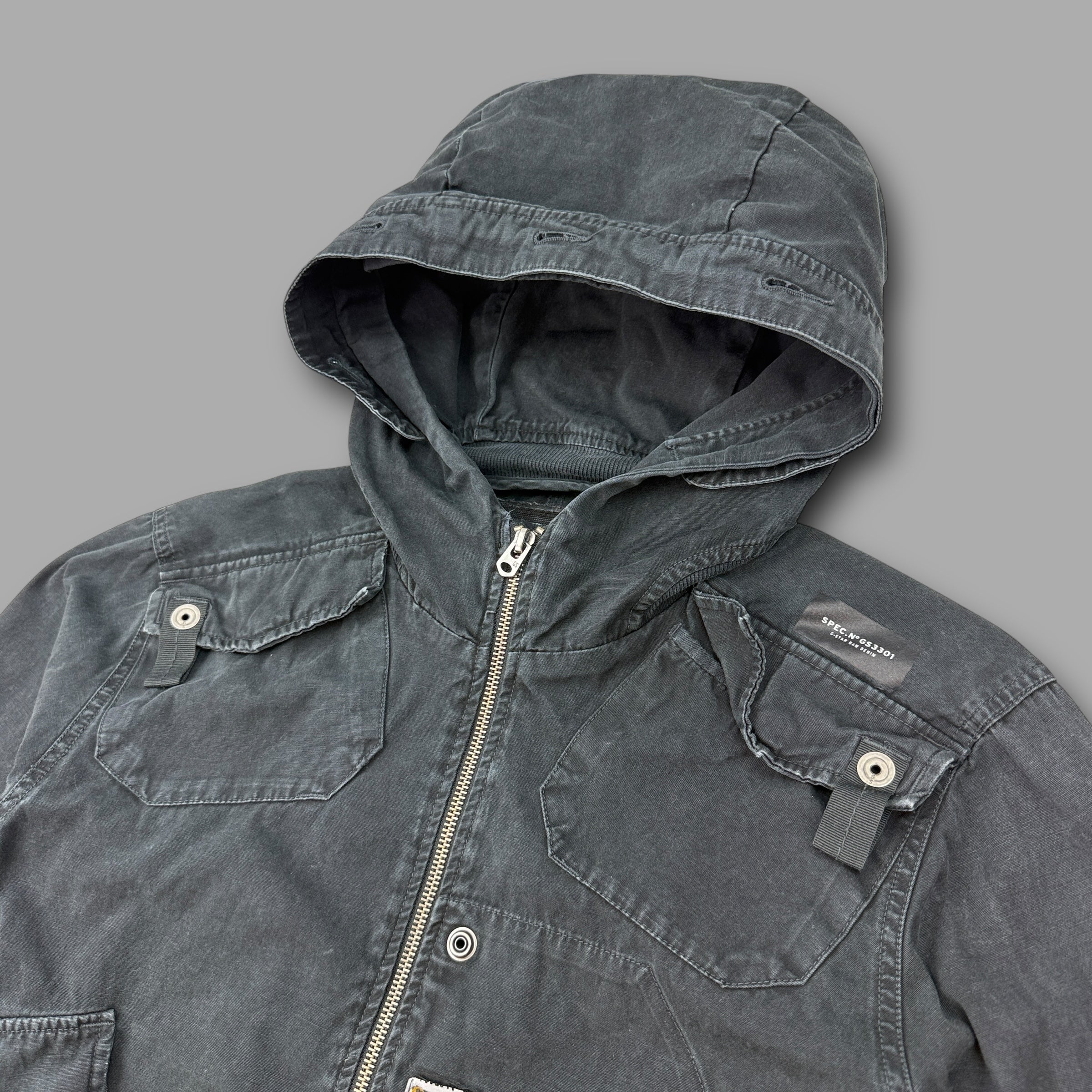 Gstar RAW 2000's technical multi-pocket hooded military jacket (L)