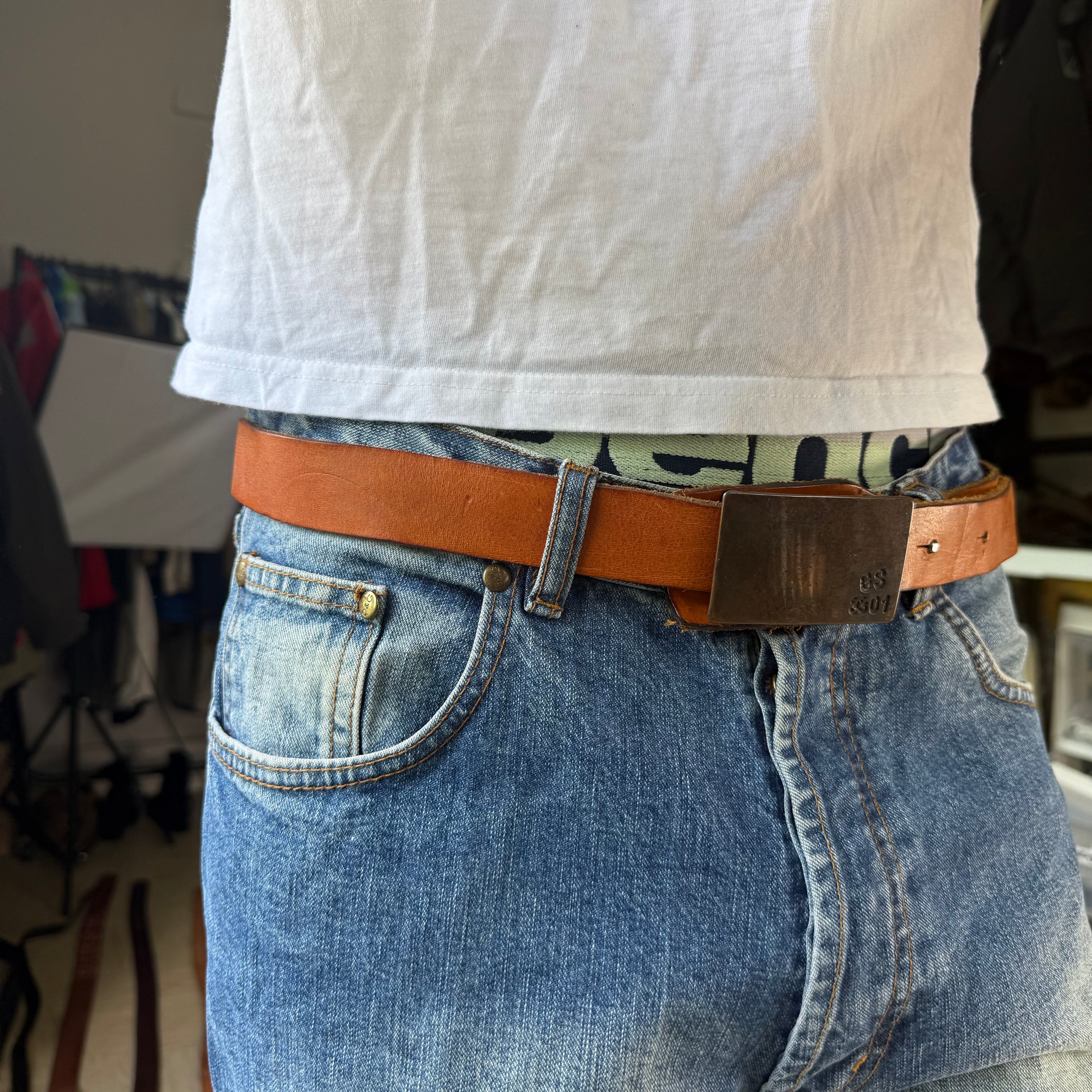 Gstar 2000's metal buckle orange leather belt (OS)